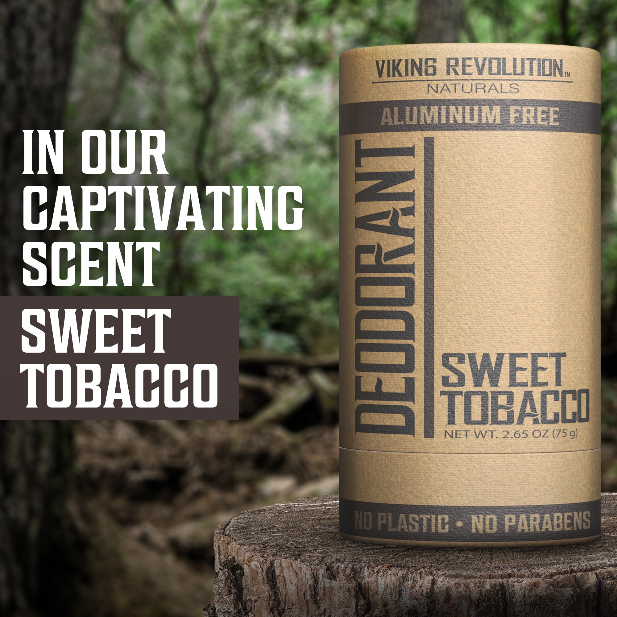 Deodorant - Sweet Tobacco on a tree stump in the forest, aluminum-free mens natural deodorant.