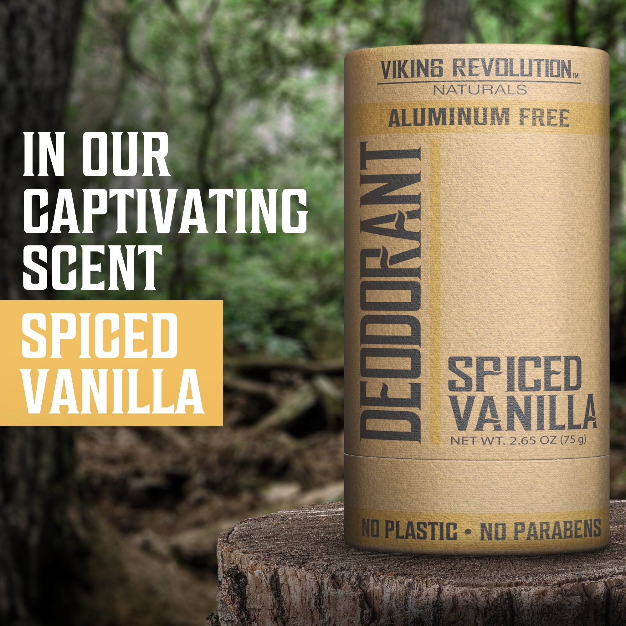 Spiced Vanilla Deodorant, aluminum-free, nestled in a serene forest setting.