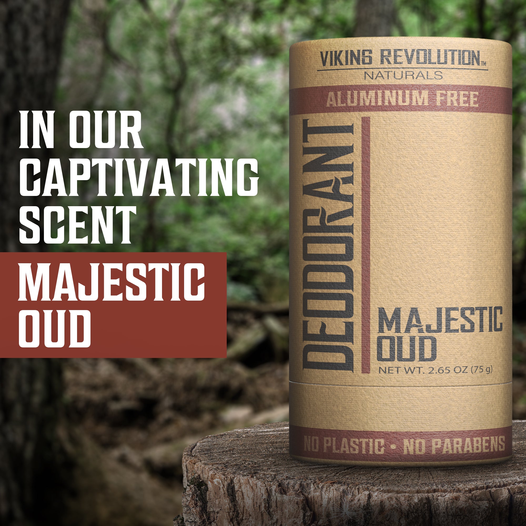 Aluminum-free Deodorant - Majestic Oud rests on a tree stump in a peaceful forest setting.