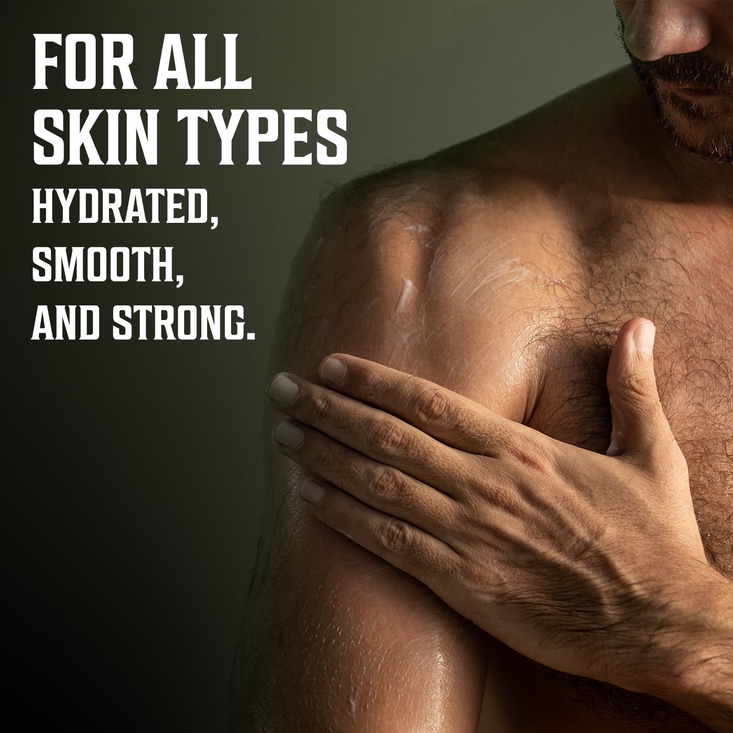 A man uses Body Lotion For Men - Spiced Vanilla: For all skin types. Hydrated, smooth, and strong.