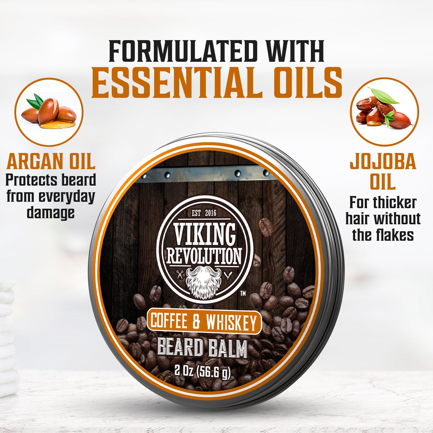 Coffee & Whiskey Beard Balm: sculpted sophistication with argan and jojoba oils for natural beard care.