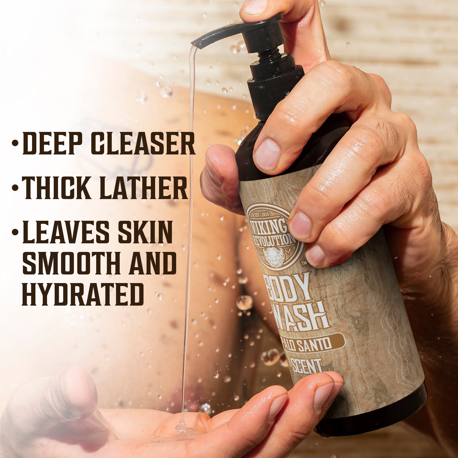 An active man uses Body Wash - Palo Santo 12oz, enjoying its rich lather and skin-moisturizing benefits.