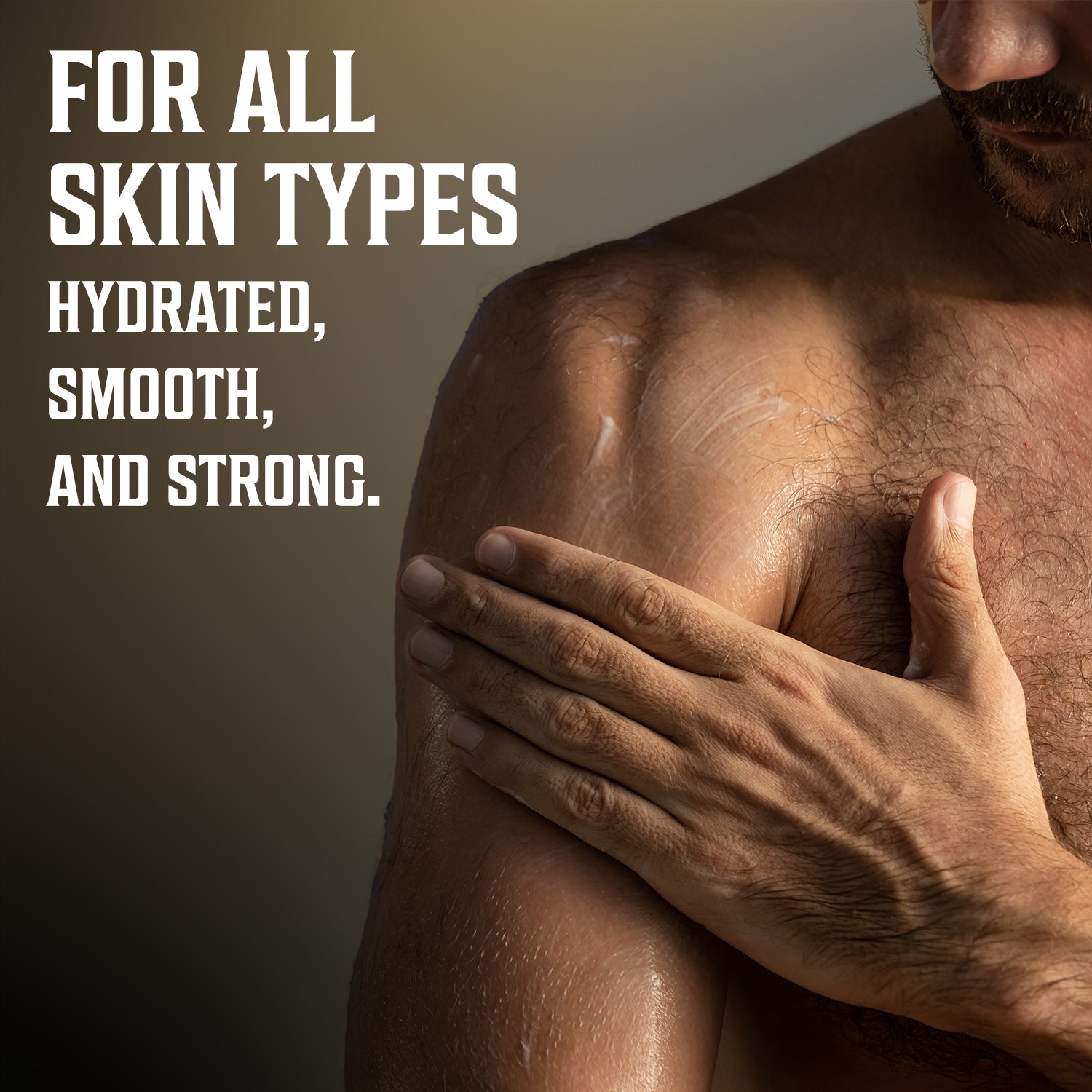 Man applying Body Lotion for Men - Cedar and Pine, text: Hydrated, smooth skin. Suitable for all skin types.