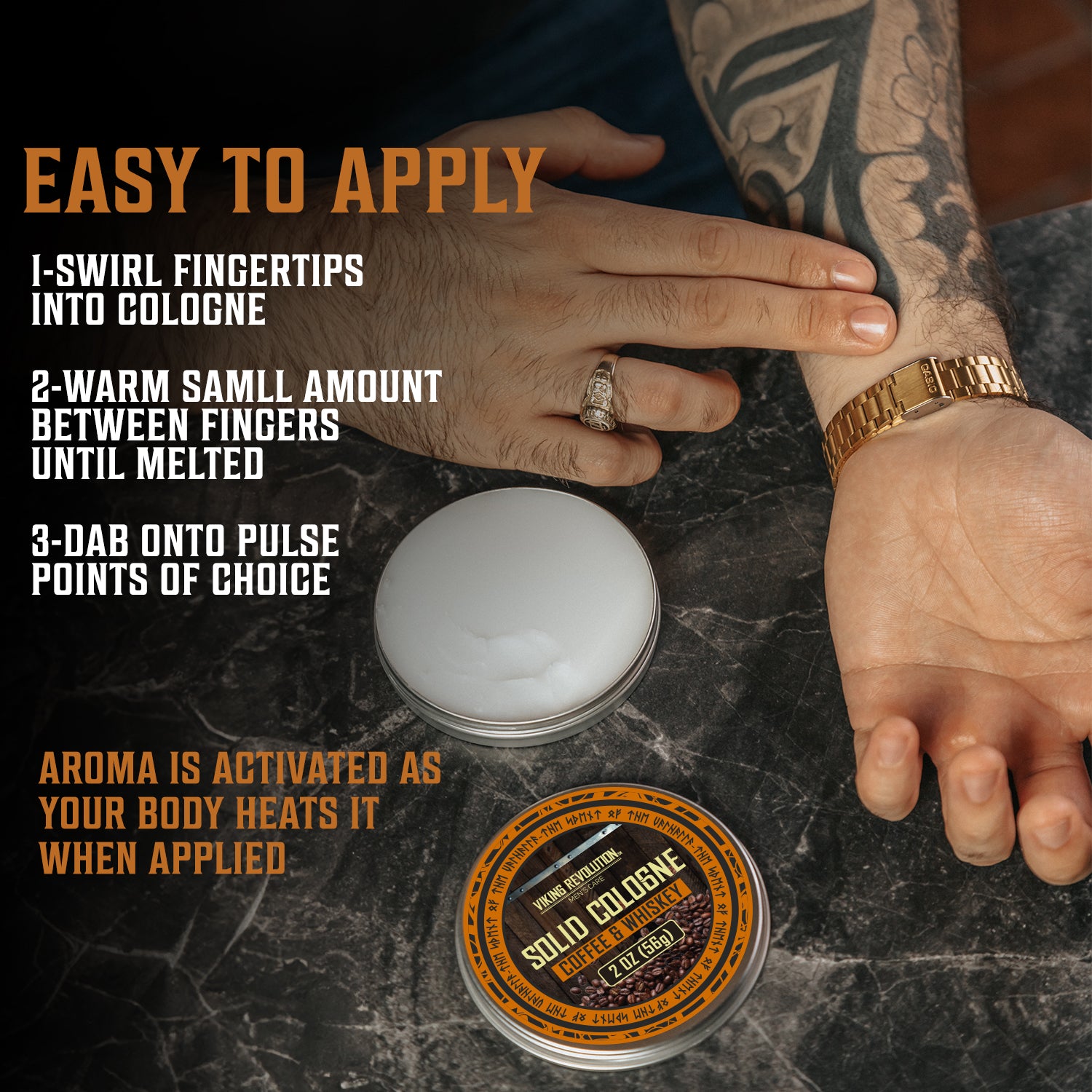 Apply Coffee & Whiskey Mens Solid Cologne on wrist; a perfect gift for men with clear instructions.