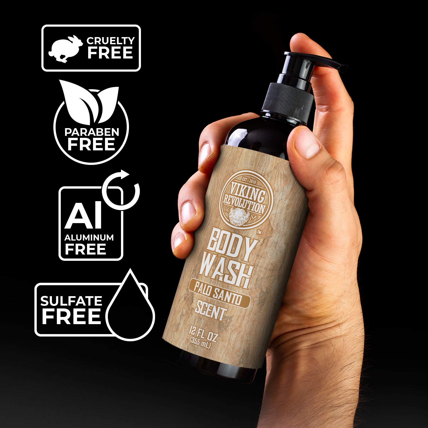 Hand holding a Body Wash - Palo Santo 12oz bottle for active men, showing cruelty-free and paraben-free icons.