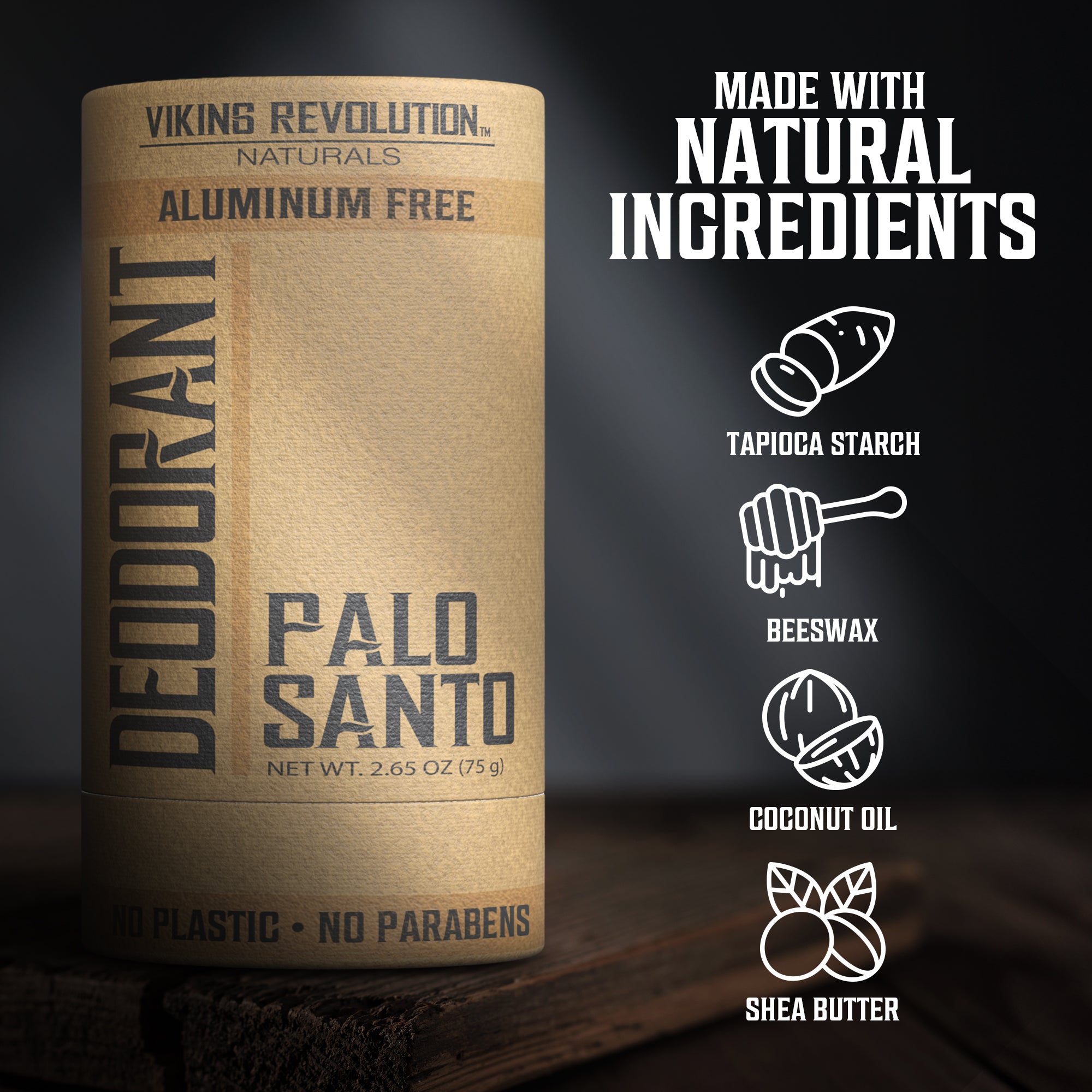 Deodorant - Palo Santo with natural ingredients, ideal as a mens natural deodorant by Viking Revolution.