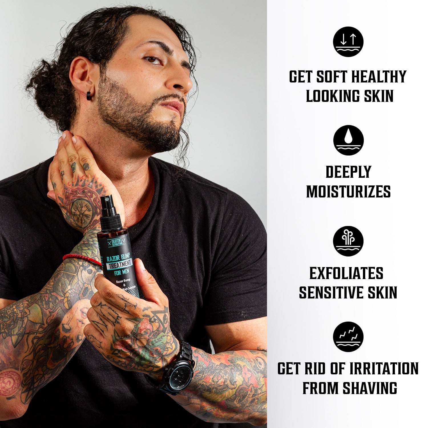 Man using Razor Bumps Treatment for Men for soothing, moisturizing, exfoliating, and reducing irritation.