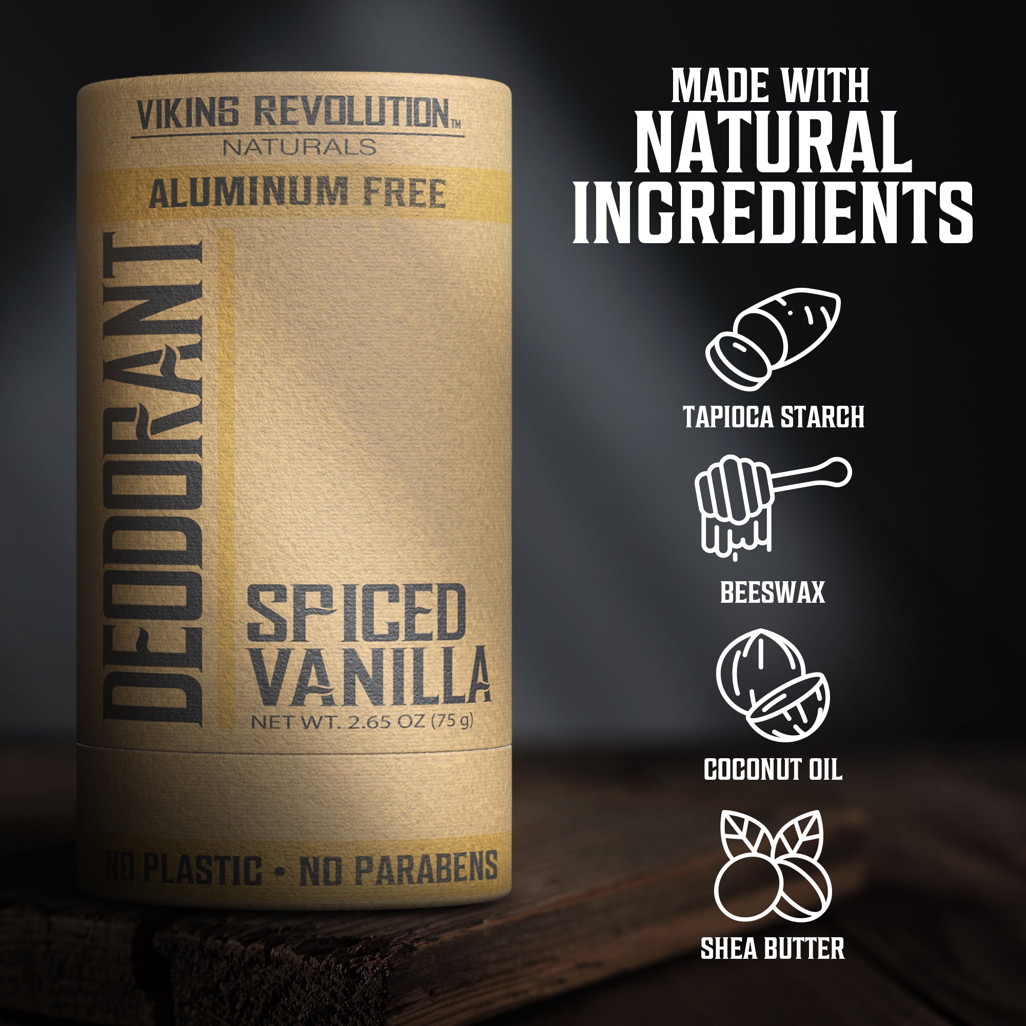 Spiced Vanilla Deodorant: Aluminum-free with tapioca starch, beeswax, shea butter, and coconut oil.