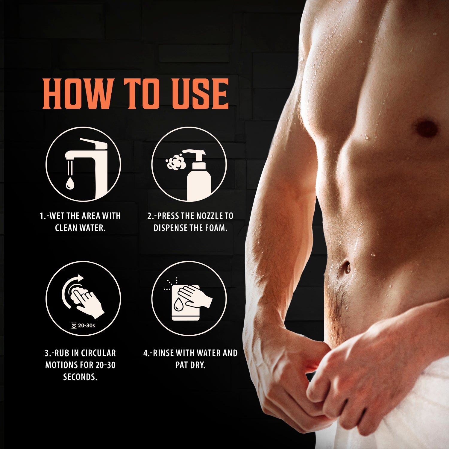 A shirtless man stands by Mens Intimate Wash instructions, icons, and text on a dark background.