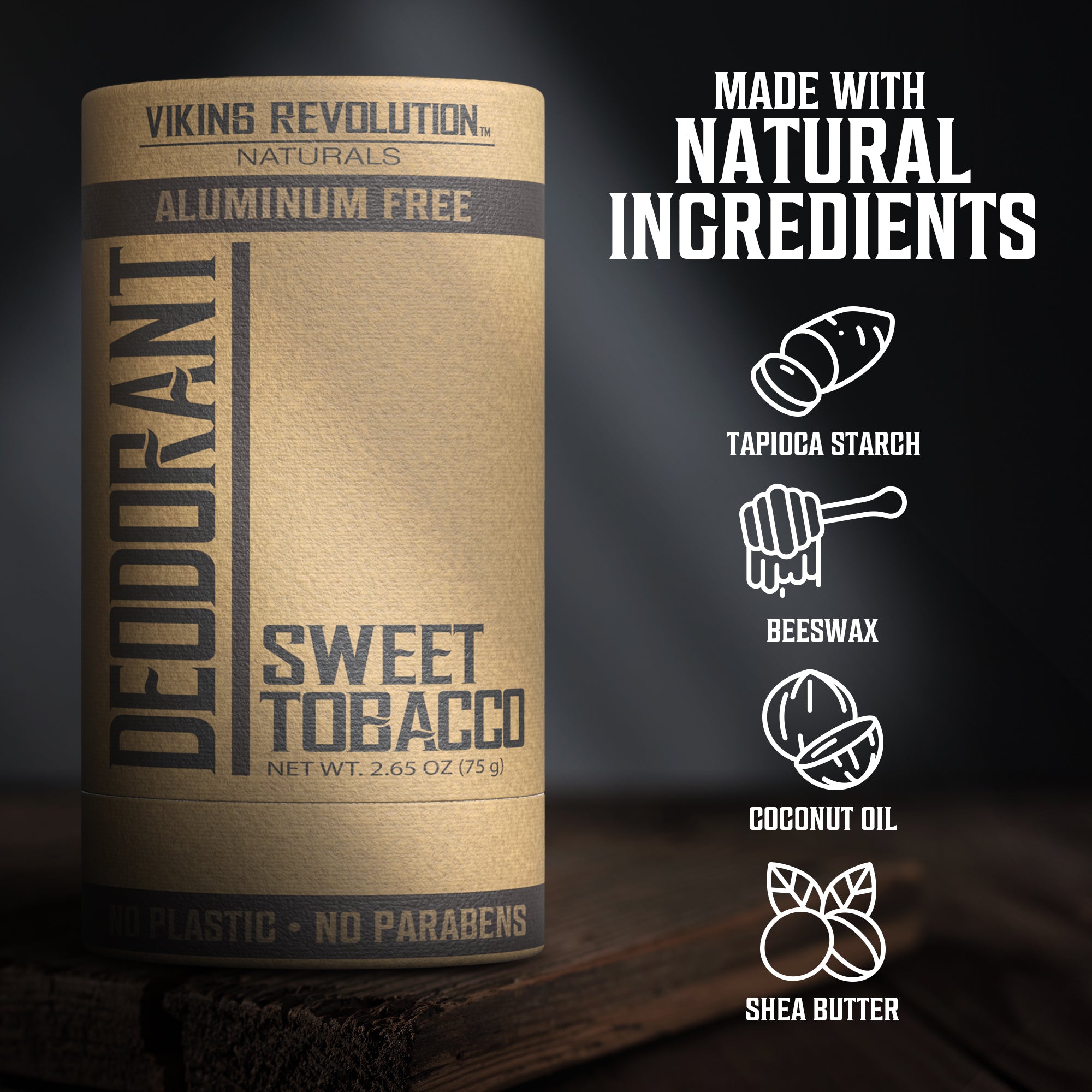 Brown aluminum-free mens natural Deodorant - Sweet Tobacco stick with listed ingredients.