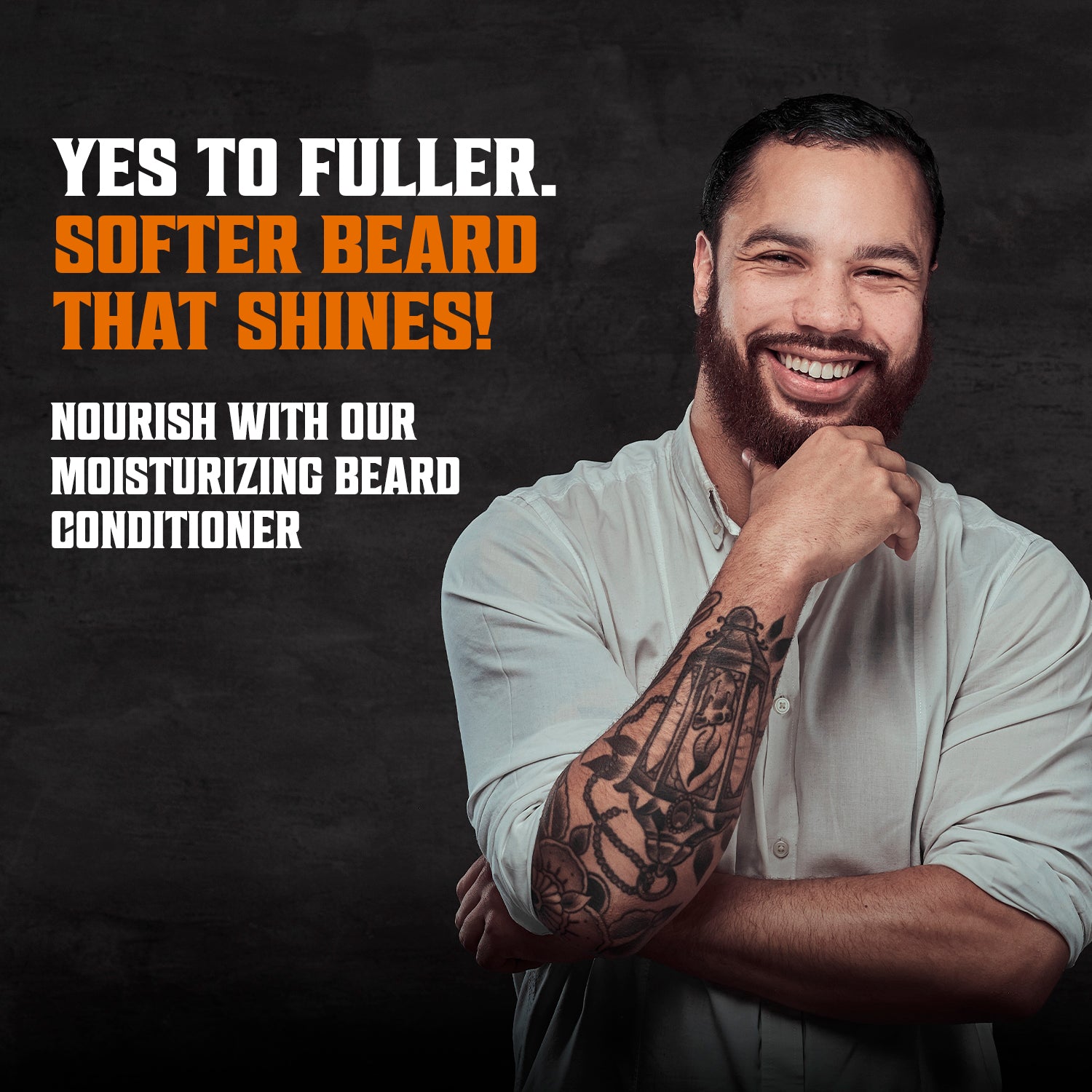 Man with a beard promotes Coffee & Whiskey 5oz Beard Wash & Conditioner for growth and shine.