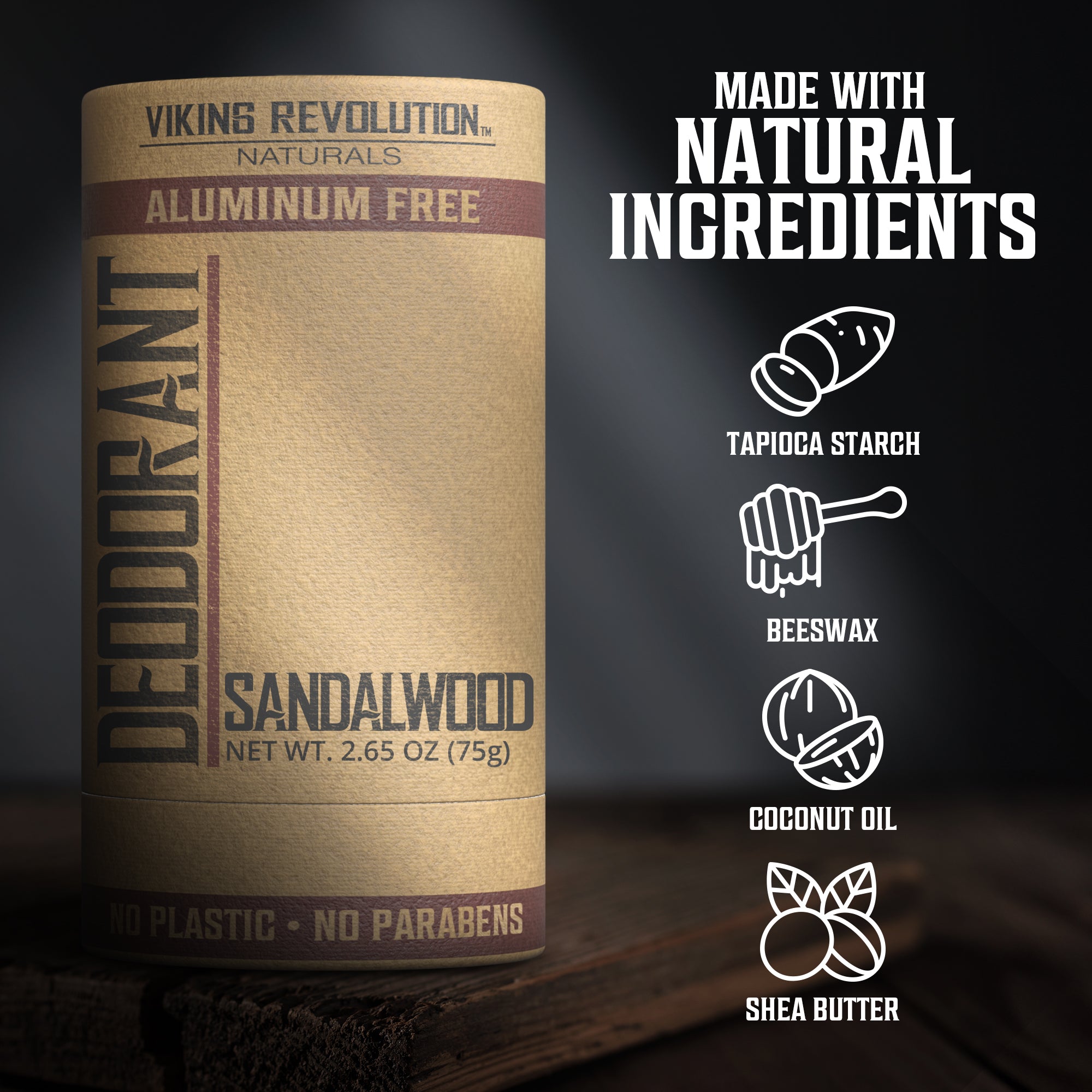 Deodorant - Sandalwood for men uses natural ingredients: tapioca, beeswax, and coconut oil.