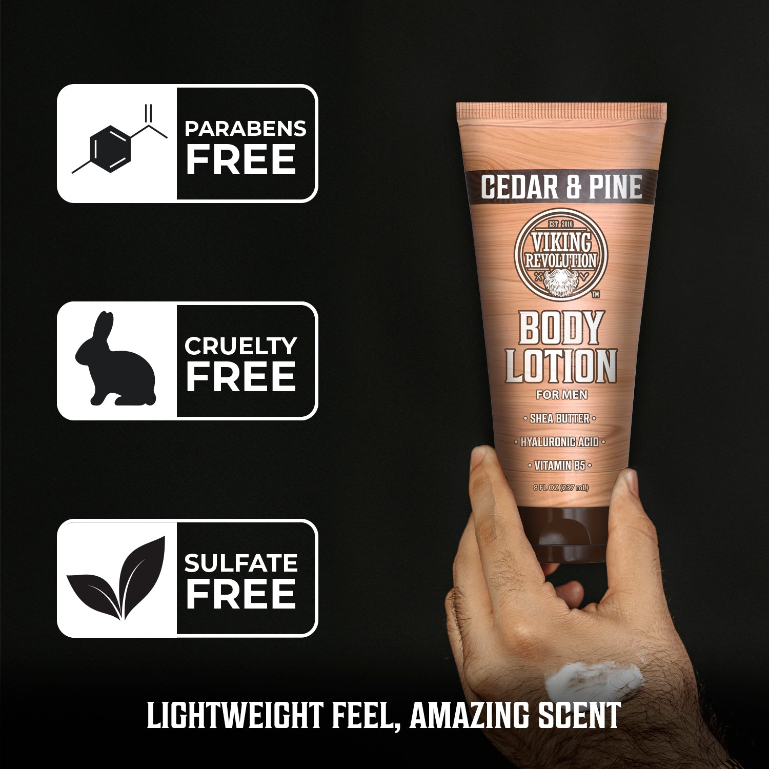 Hand holding Body Lotion for Men - Cedar and Pine; paraben, cruelty, and sulfate-free.