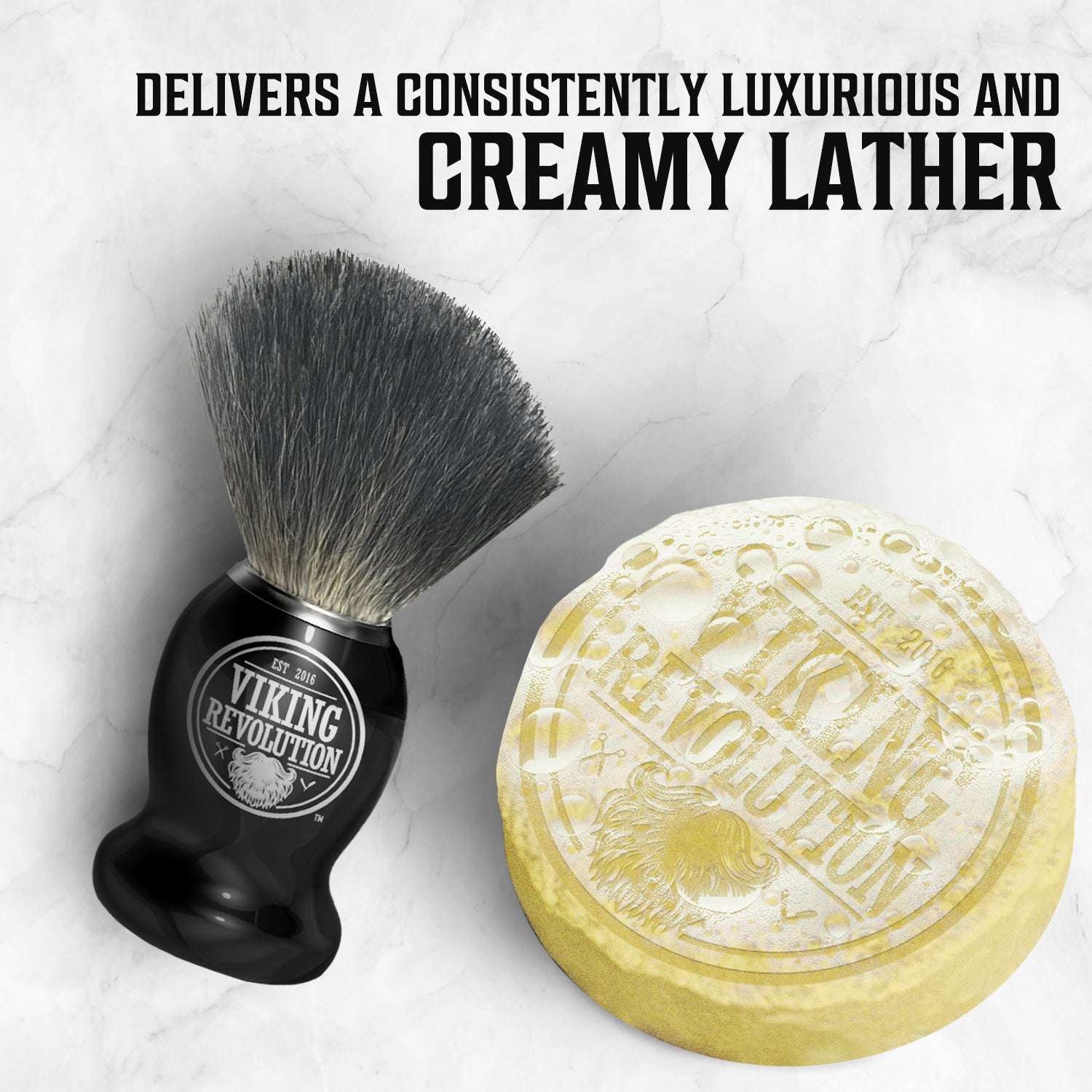 The Viking Revolution Shaving Soap 4 Pack elevates your shave on white marble.