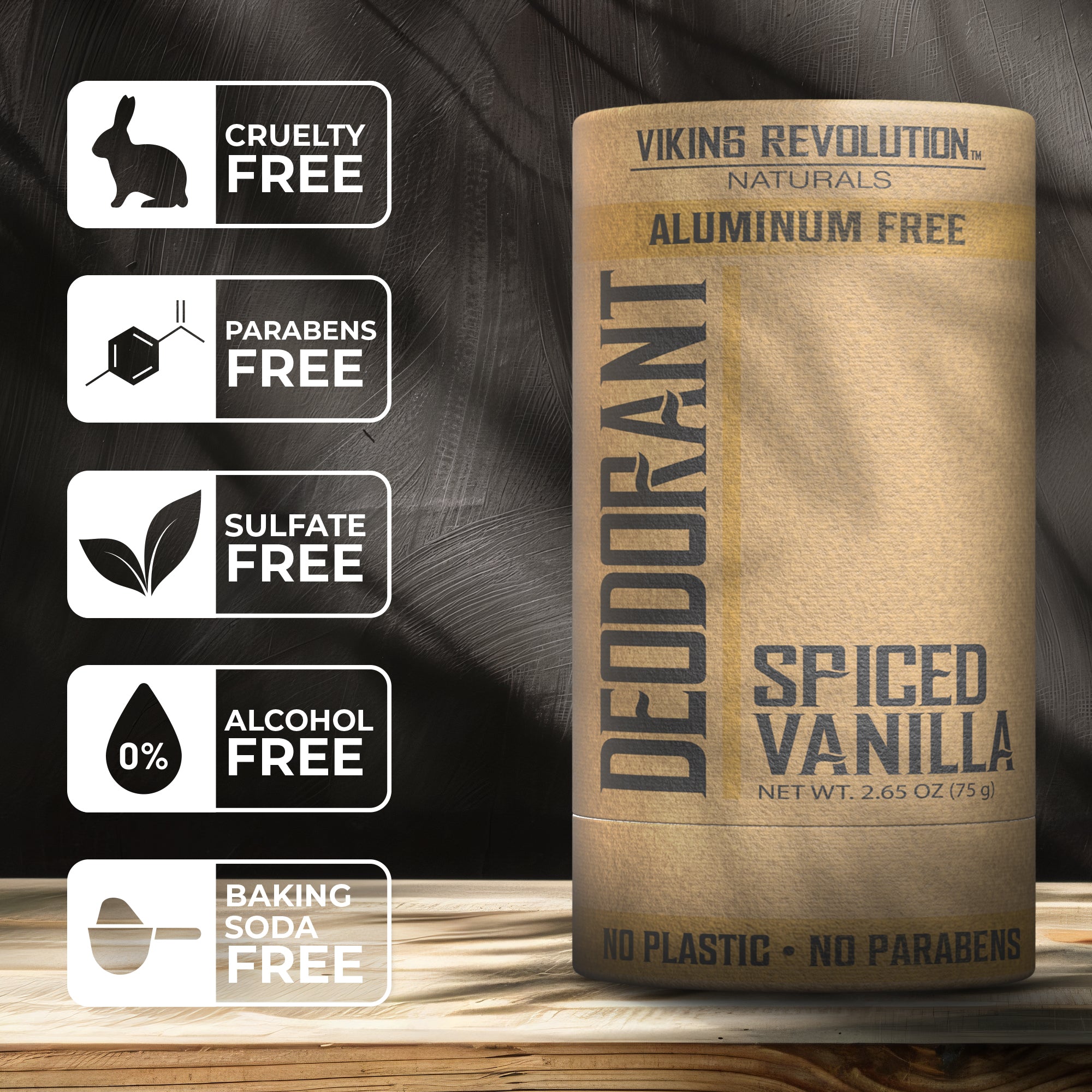 Spiced Vanilla Deodorant Stick: Aluminum, cruelty, paraben, and sulfate-free with a spiced vanilla scent.
