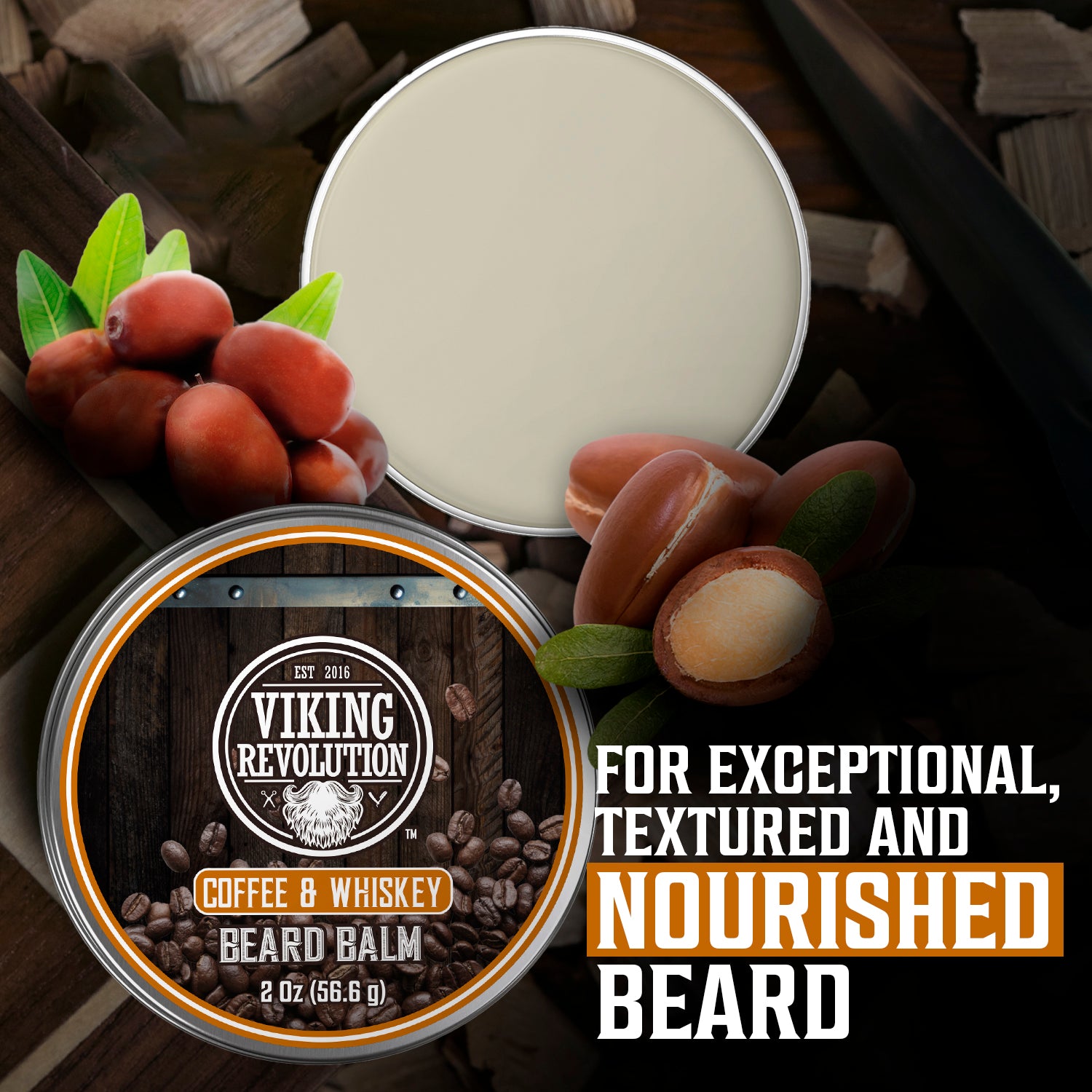 Viking Coffee & Whiskey Beard Balm tin with nuts and berries for natural beard care.