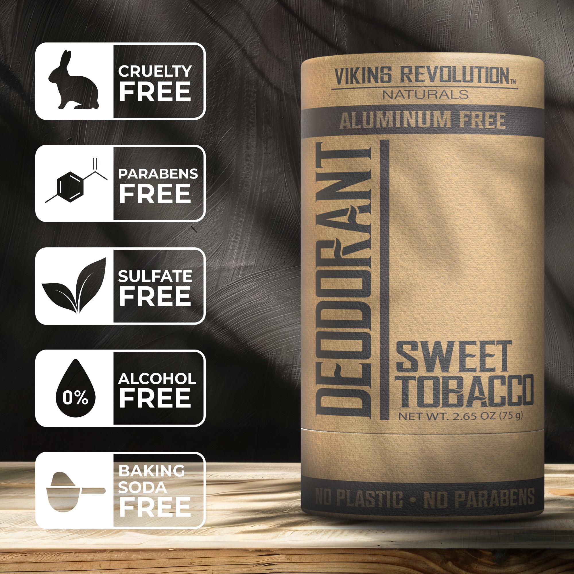 Deodorant - Sweet Tobacco for men, cruelty-free and aluminum-free, on a wooden surface.
