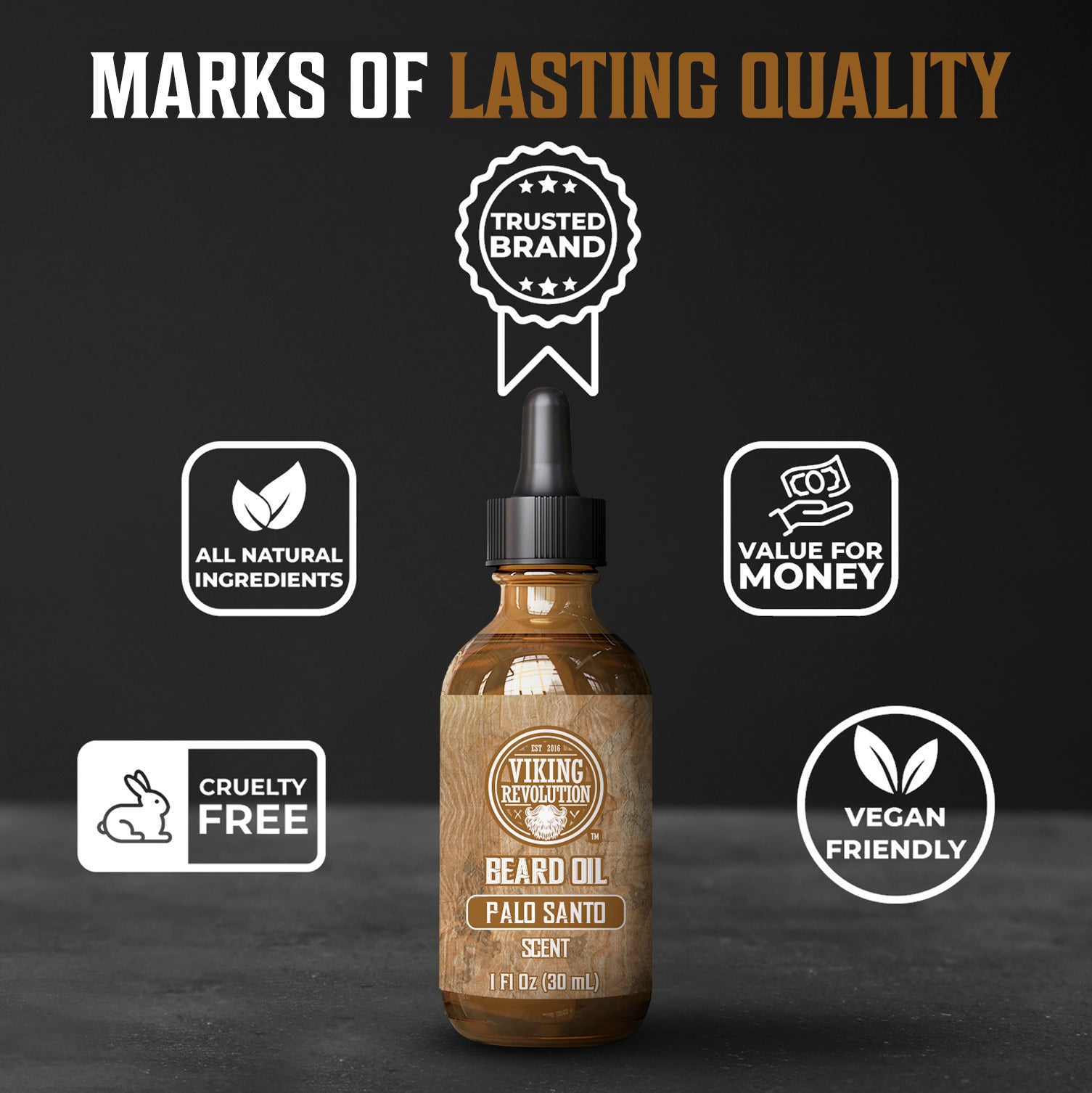 Palo Santo Beard Oil: Marks of Lasting Quality, trusted brand, vegan, cruelty-free, locks in hydration.