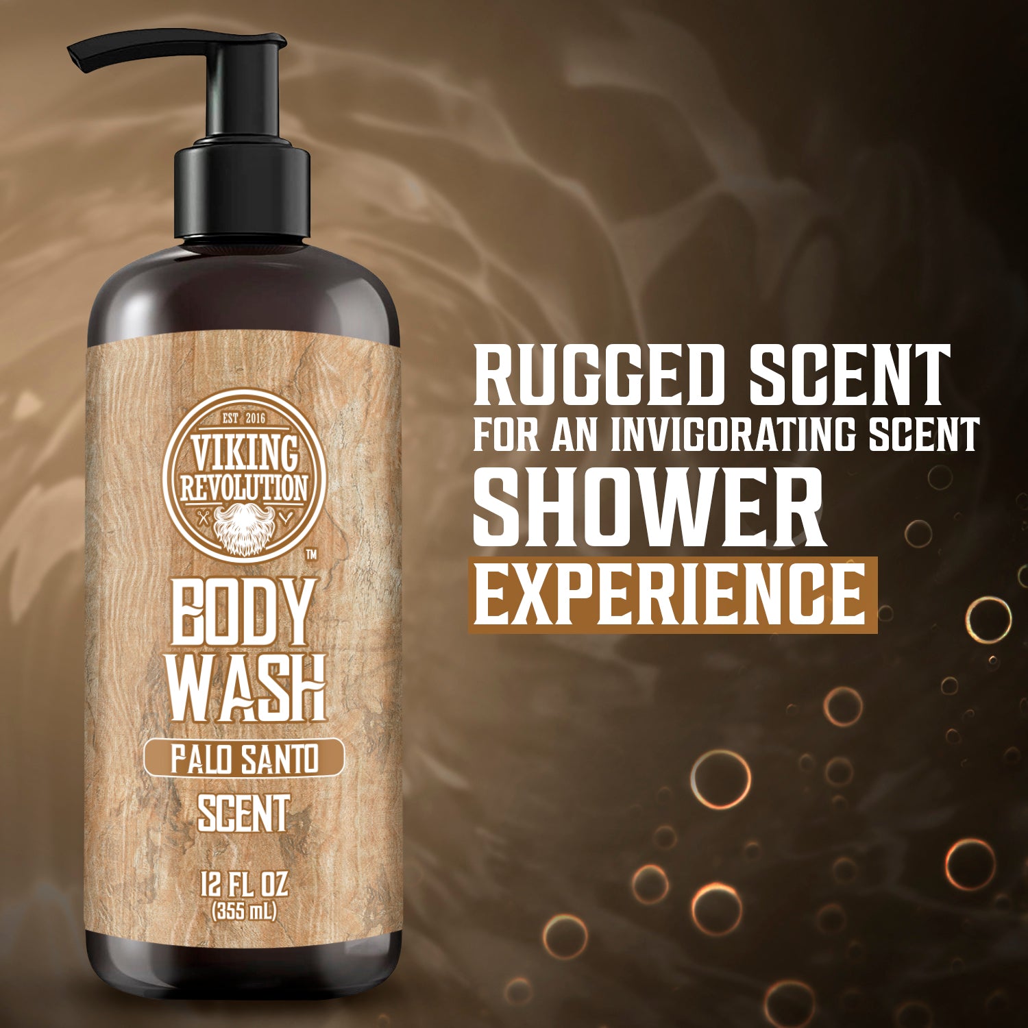 Viking Revolutions Body Wash - Palo Santo 12oz for active men, with rugged scent branding on a swirling brown backdrop.