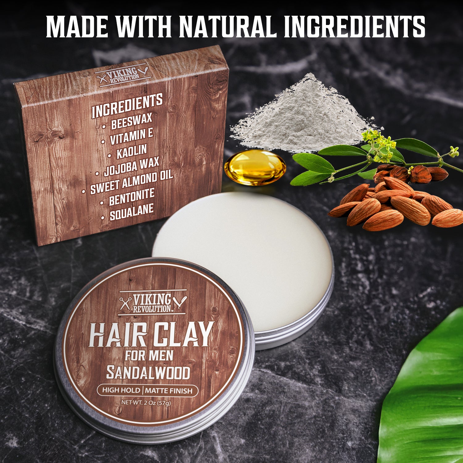 Hair Clay - Sandalwood in a tin with strong hold, beeswax, kaolin, and almonds on a dark surface.