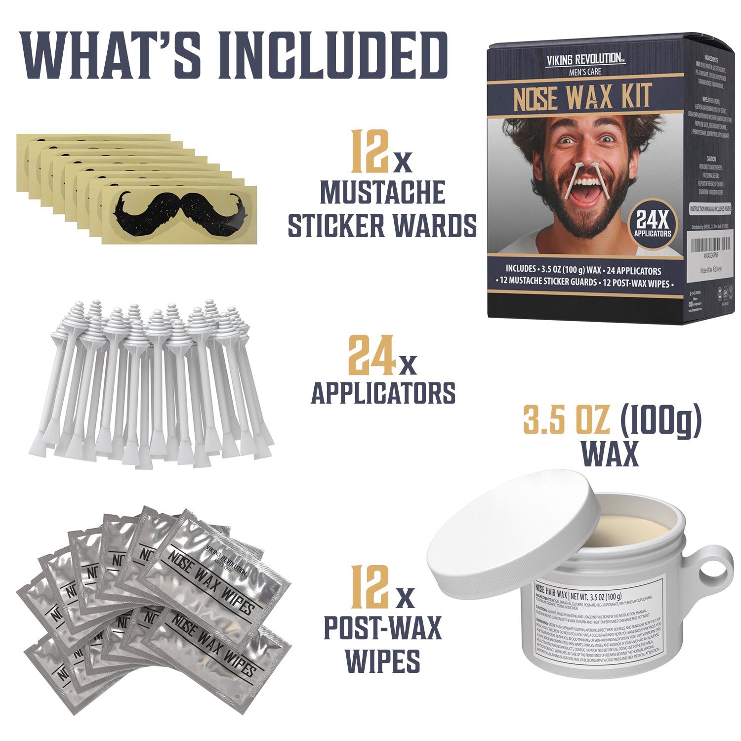 The Nose Wax Kit includes mustache stickers, 24 applicators, and post-wax wipes for lasting results.