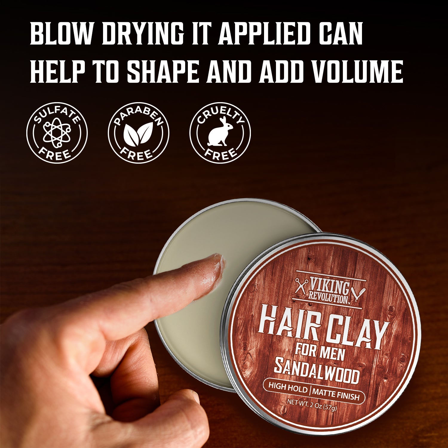 Applying Hair Clay - Sandalwood from a round tin for versatile styling and a matte finish.