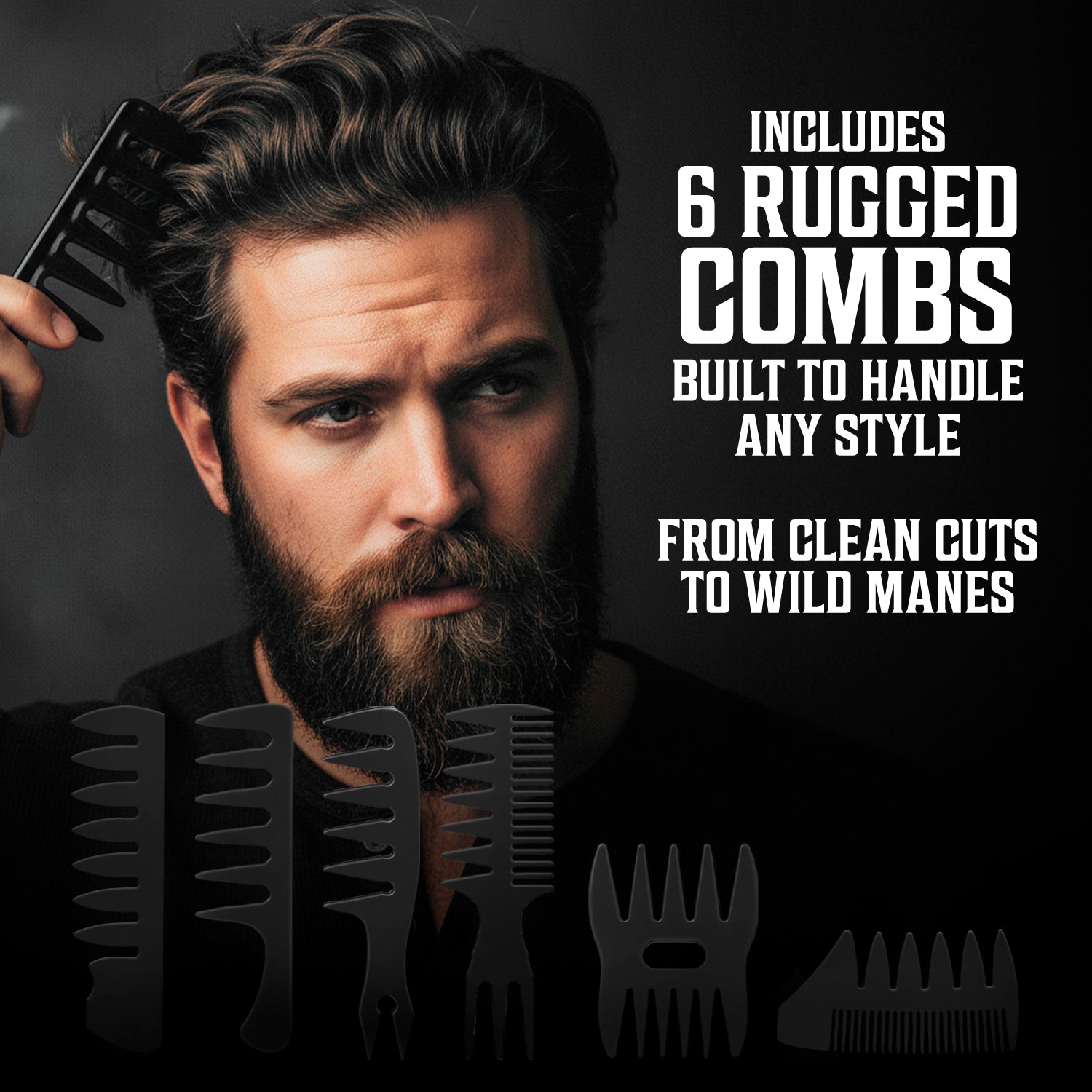 A bearded man combs his hair; six combs and bold text showcase the Ultimate Hair Care Collection.