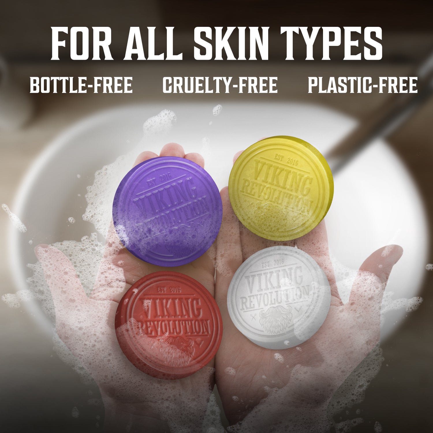 Hands holding Shaving Soap 4 Pack with essential oils above a sink, promoting sustainability.