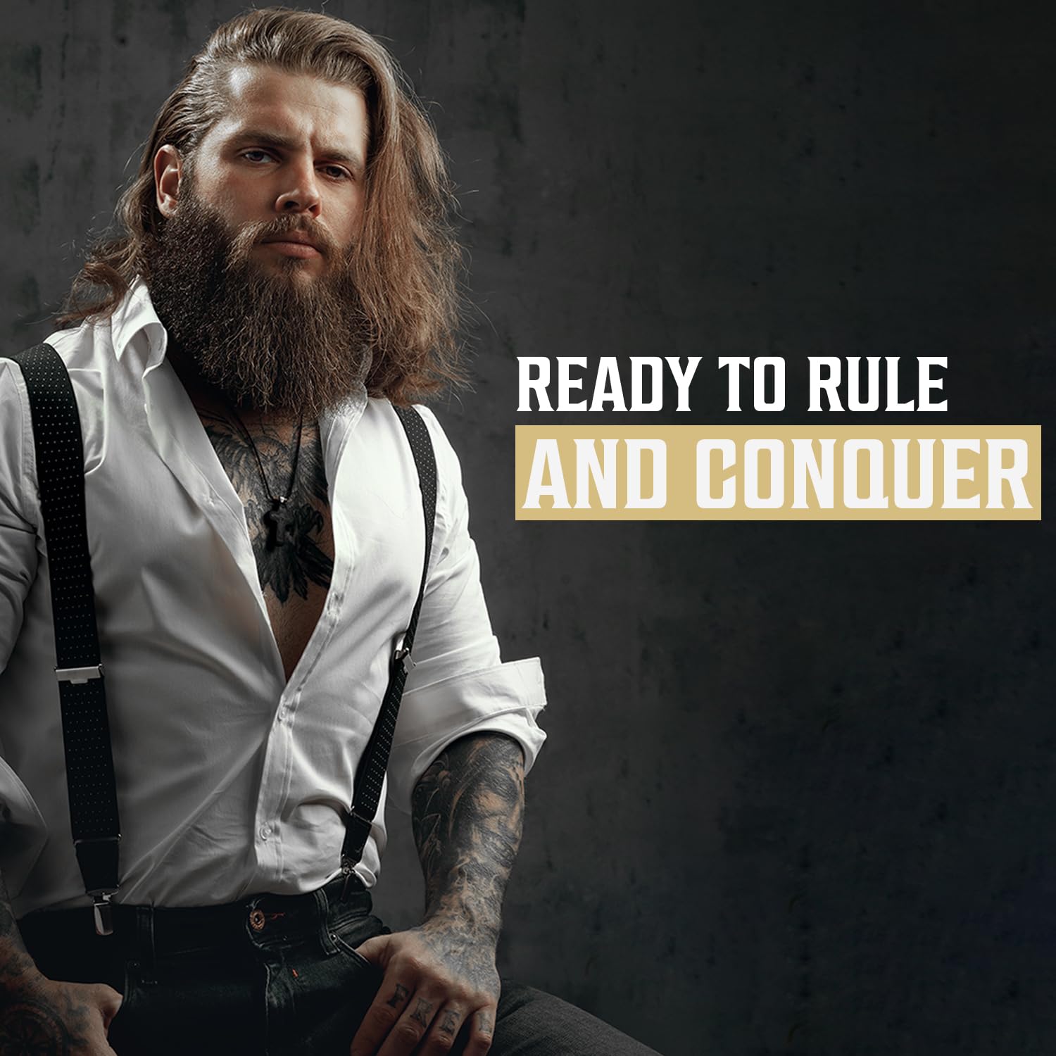 Man with long hair/facial hair, in suspenders, next to text: Ready to Rule with Palo Santo Beard Wash Set.