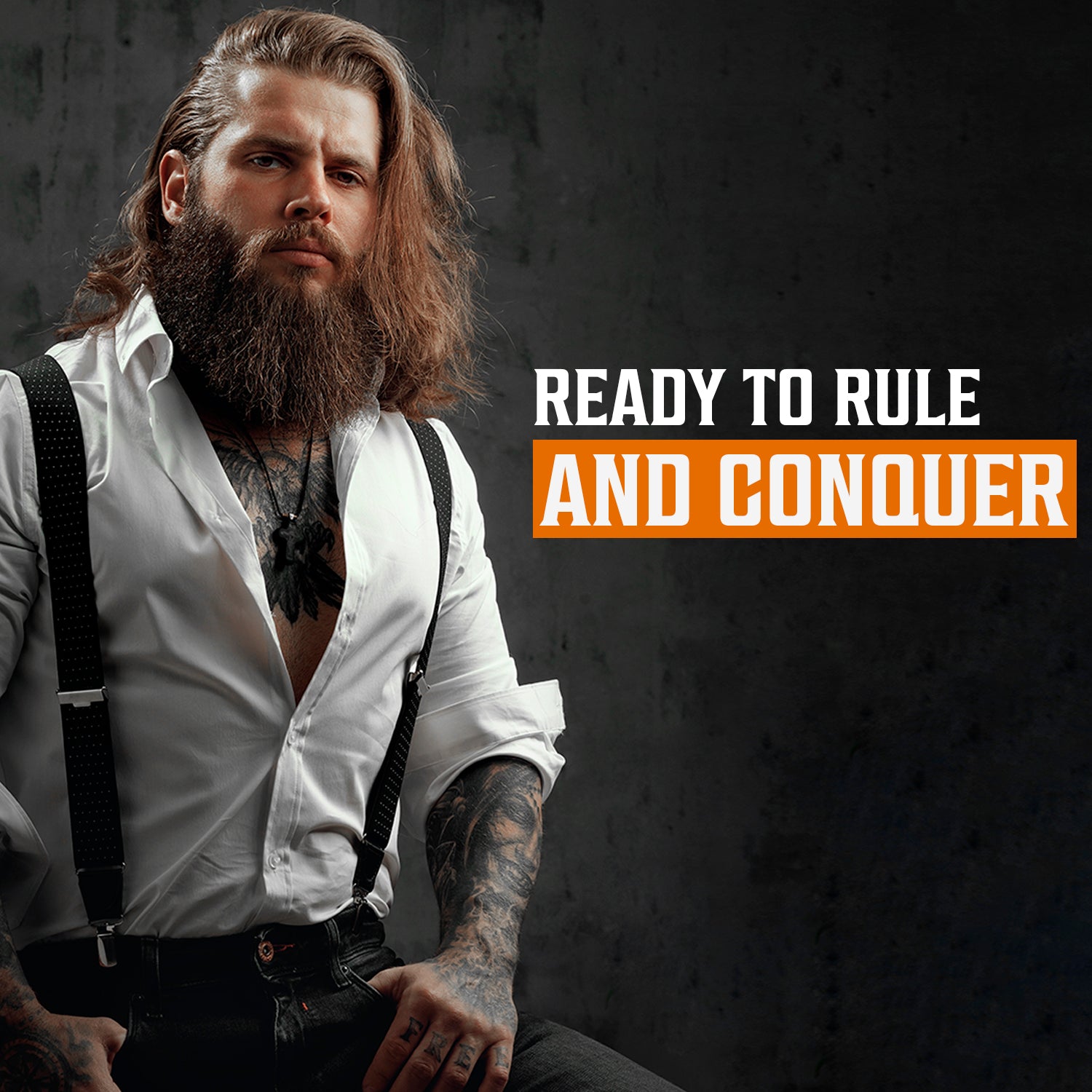 Man with long hair & beard in white shirt, text: READY TO RULE AND CONQUER on Coffee & Whiskey Beard Wash backdrop.