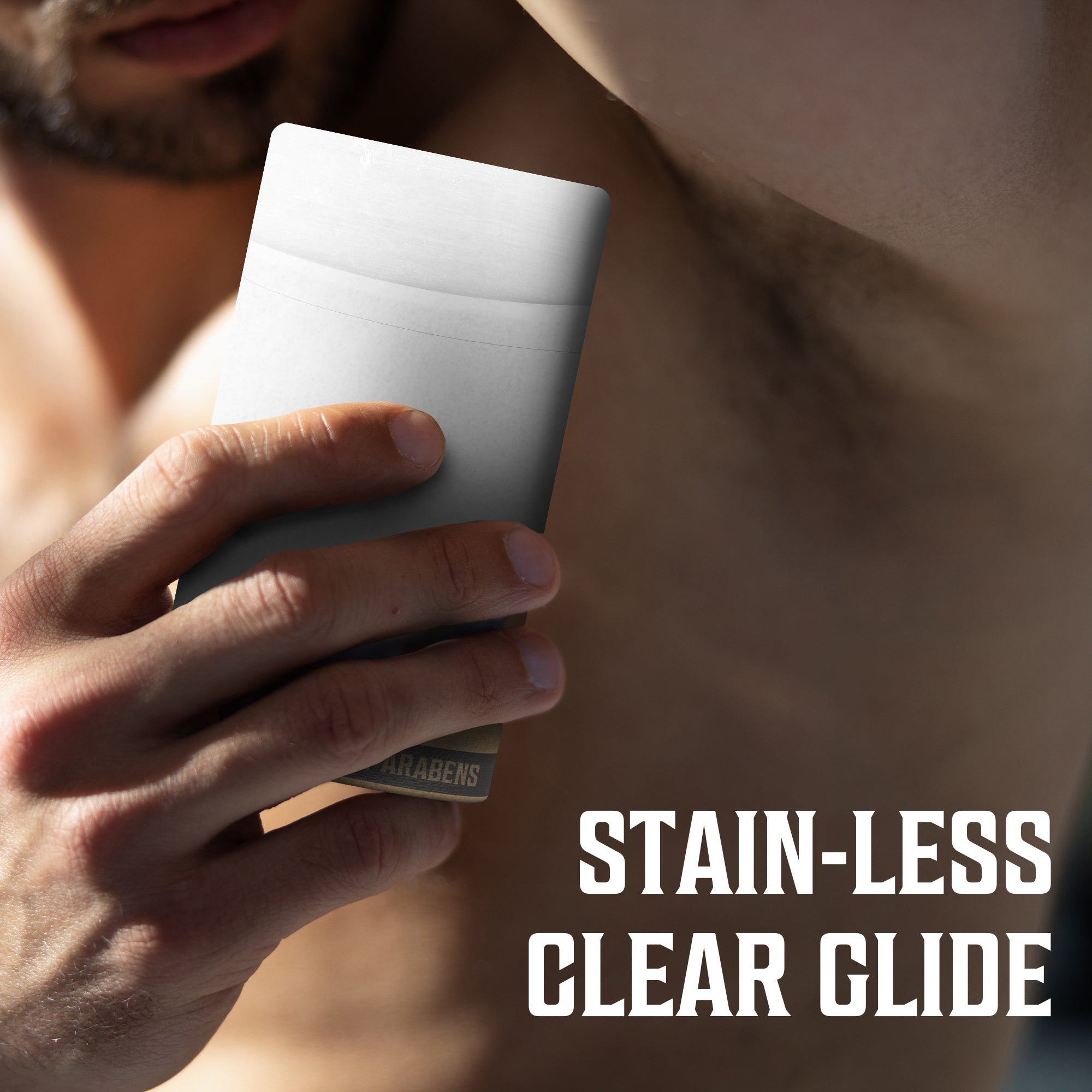 Man applies aluminum-free Sweet Tobacco deodorant; text reads Stain-less Clear Glide.