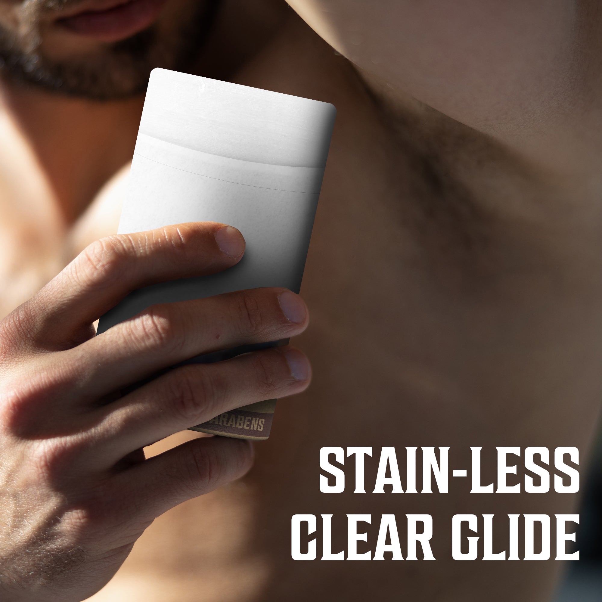 Man using Deodorant - Sandalwood underarm with Stain-less Clear Glide text.