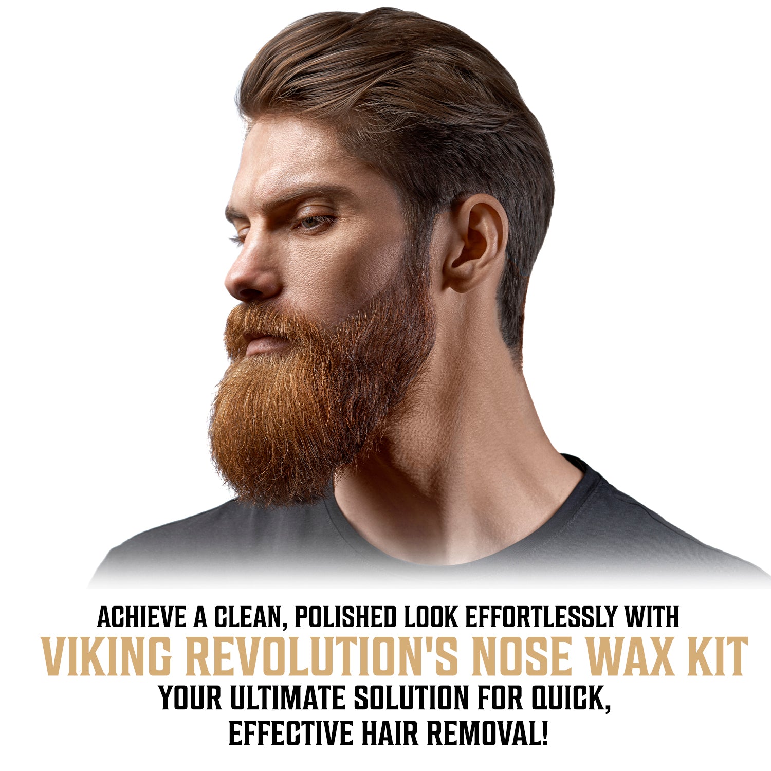 Bearded man promotes Nose Wax Kit by Viking Revolution for long-lasting nose hair removal.
