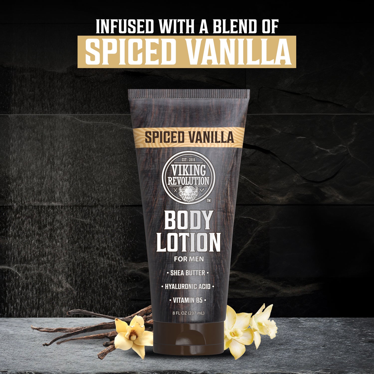 Product: Body Lotion For Men - Spiced Vanilla; design: vanilla flowers and pods on a dark backdrop.