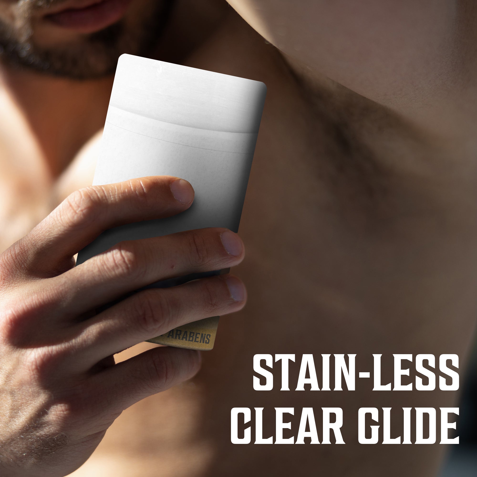 Person using Spiced Vanilla Deodorant with Stain-Less Clear Glide text beside.