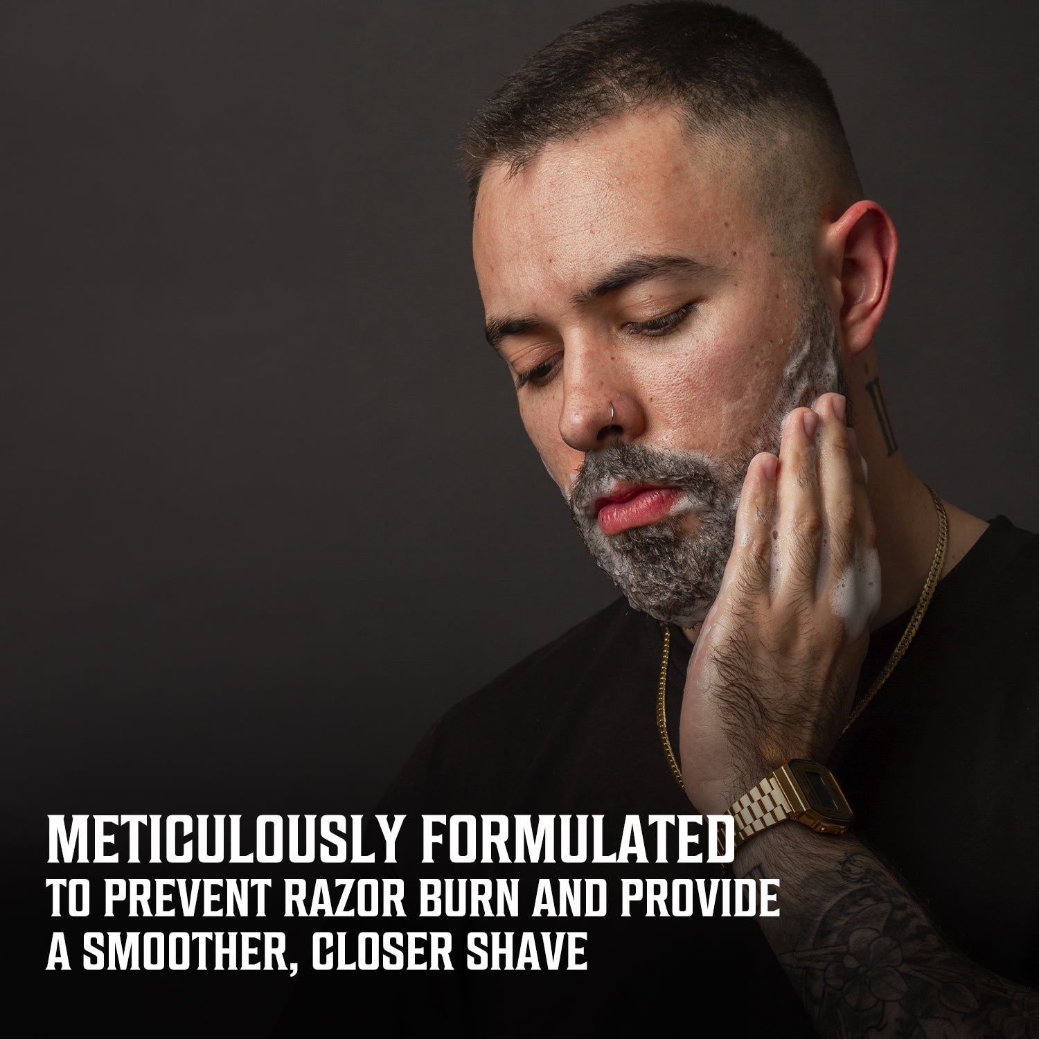 Man applying shaving soap with text: Shaving Soap 4 Pack, meticulously formulated for a closer shave.