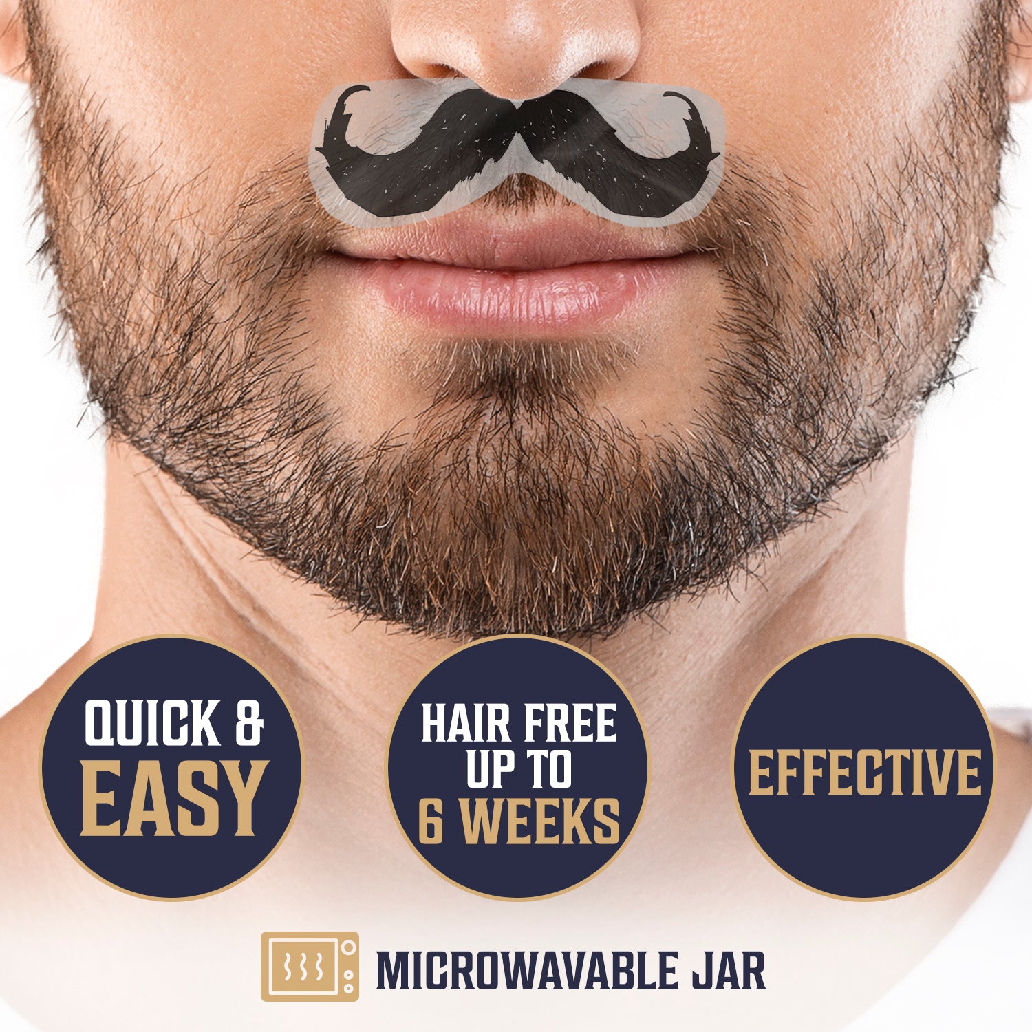 Man with fake mustache, beard. Nose Wax Kit highlights: Quick & Easy, Long-lasting Results.