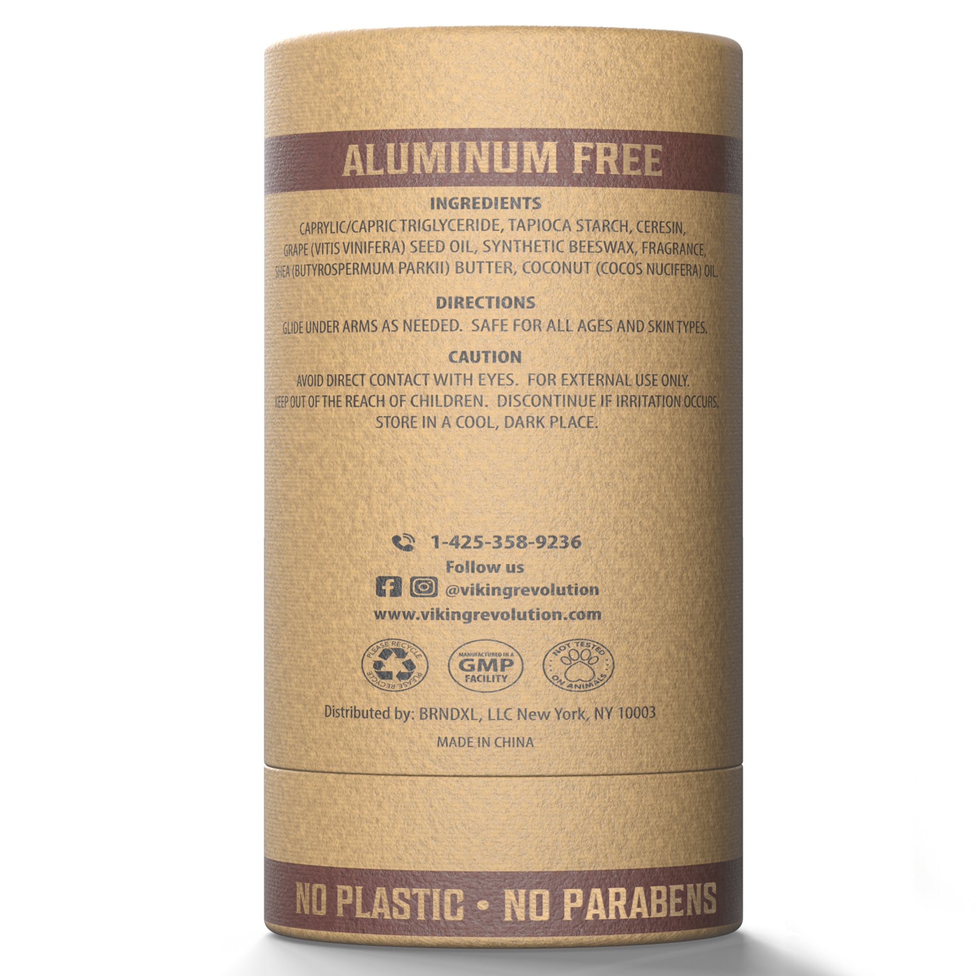 Brown cylindrical Sandalwood Deodorant, aluminum-free with ingredients, directions & contact info.