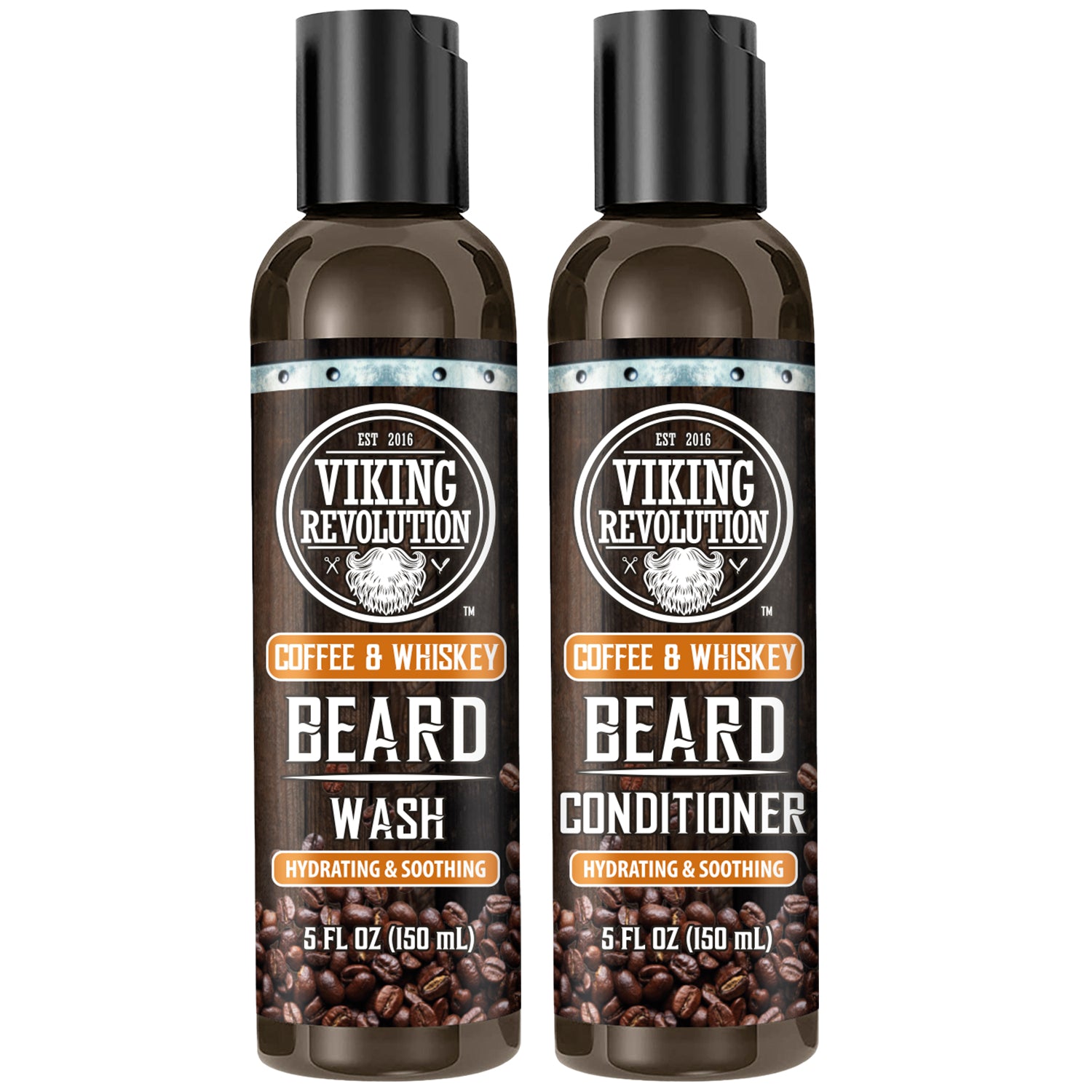 Two 5oz sets of Coffee & Whiskey Beard Wash & Conditioner, enriched with natural ingredients.