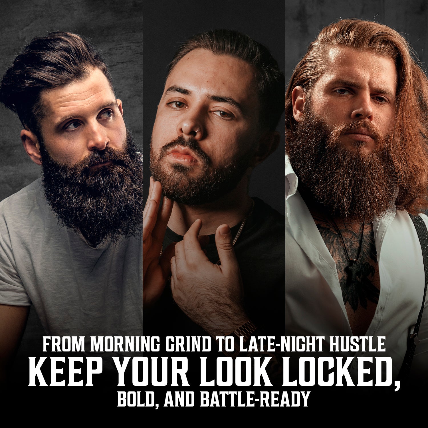 Three bearded men pose, showcasing the Ultimate Hair Care Collection for a strong, styled look all day.