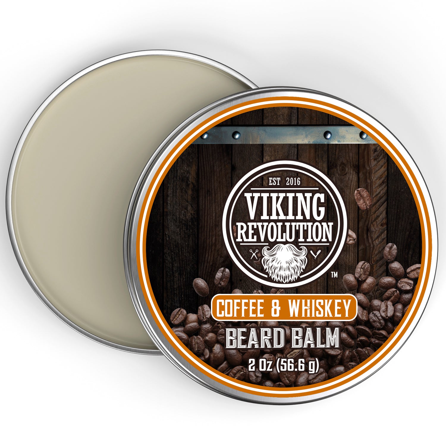 Open Viking Revolution Coffee & Whiskey Beard Balm for natural beard care.