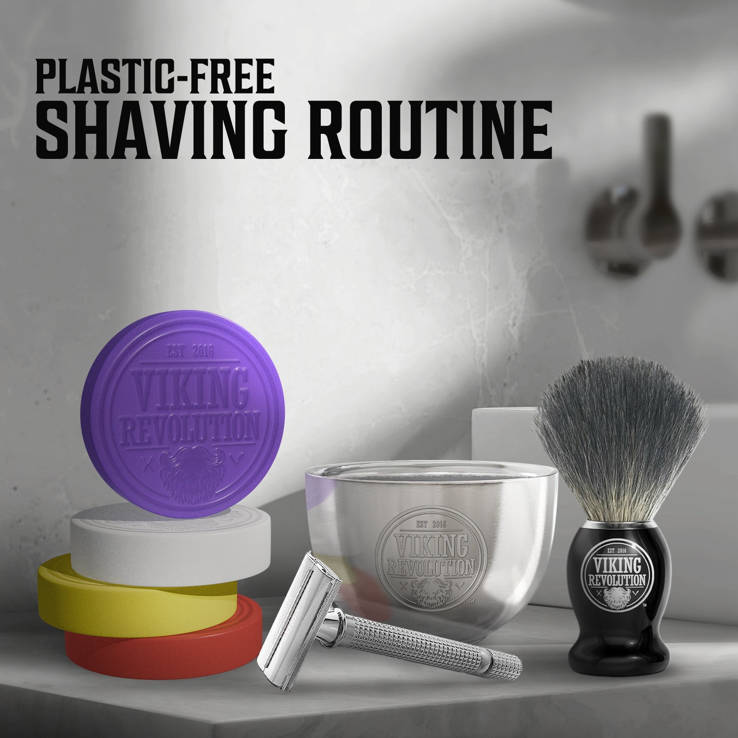 Shaving Soap 4 Pack with essentials: razor, brush, and bowl on a bathroom counter. Plastic-free.