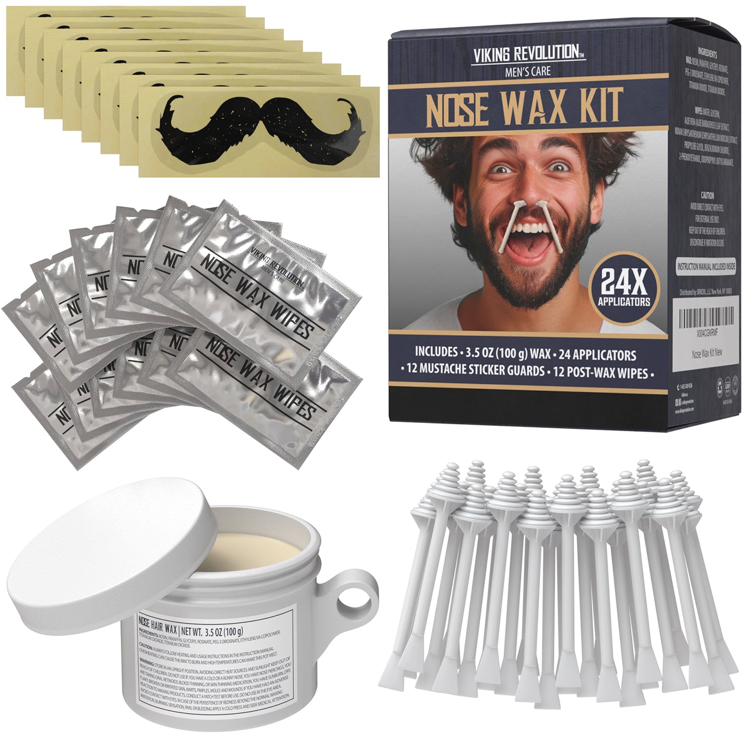 Nose Wax Kit: includes wipes, applicators, mustache guards; quirky package with a smiling man.