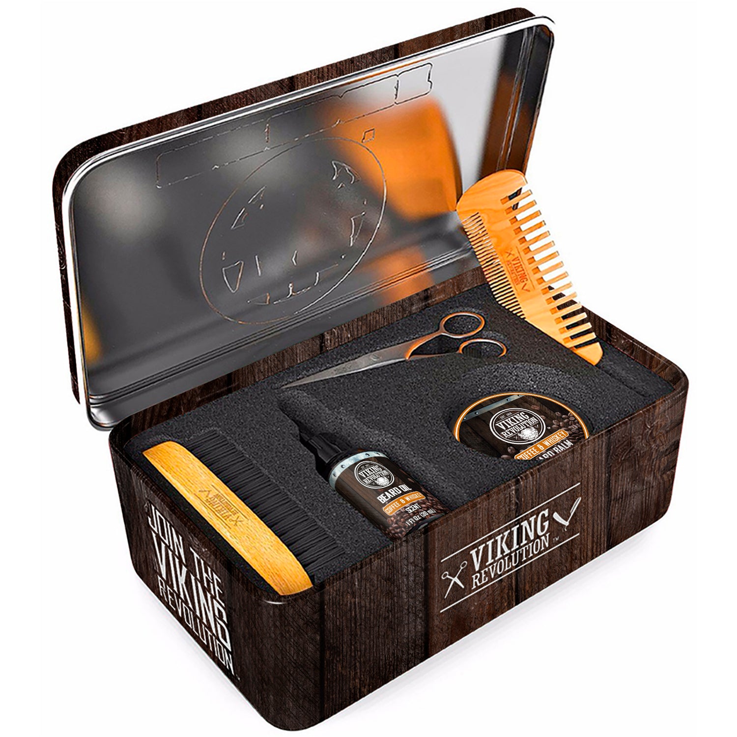 Open Beard Care Kit - Coffee & Whiskey box with brush, comb, scissors, oil, and balm inside.