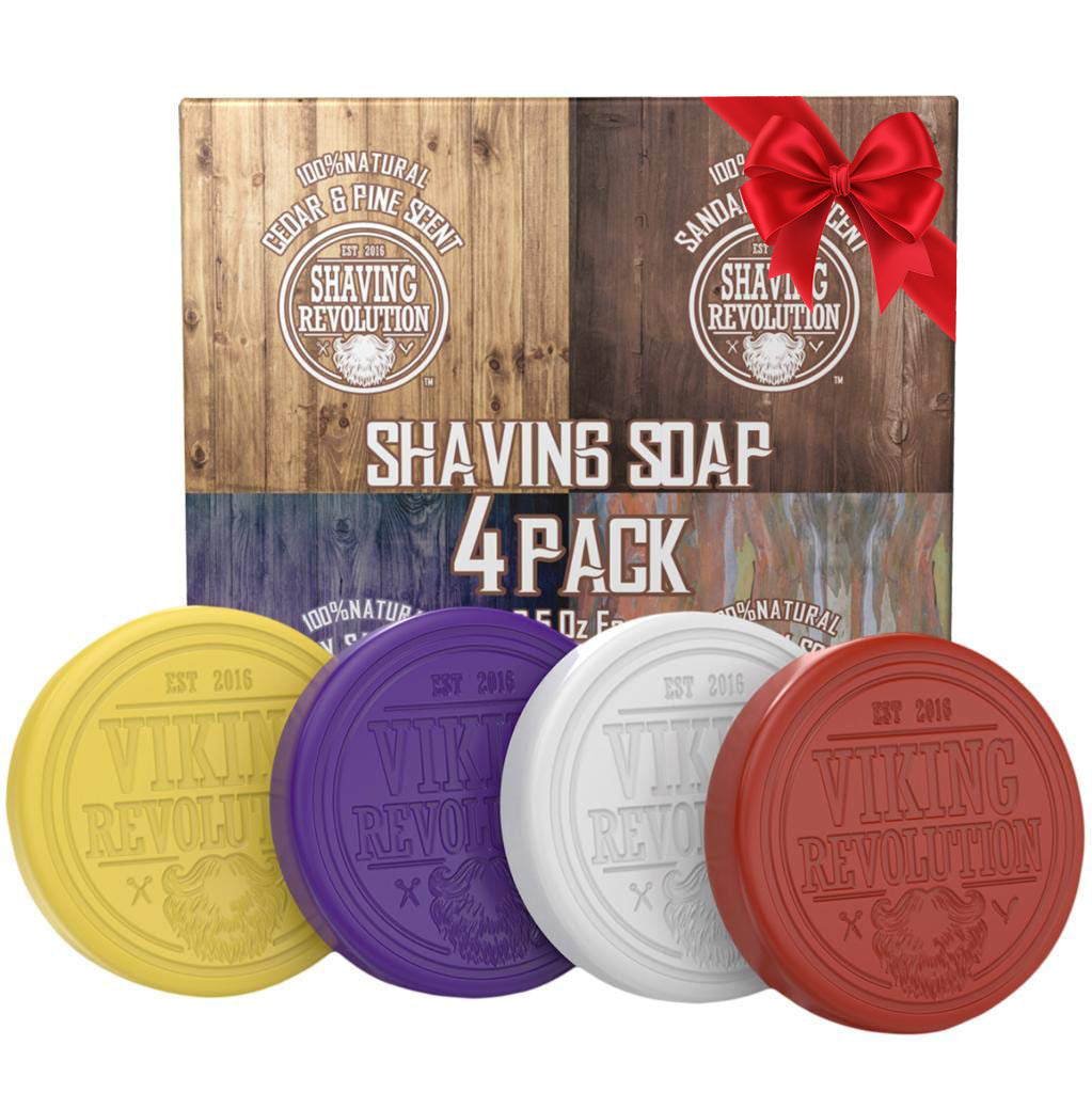 Shaving Soap 4 Pack features four colorful soaps for rich lather, in a gift-ready red-bow box.
