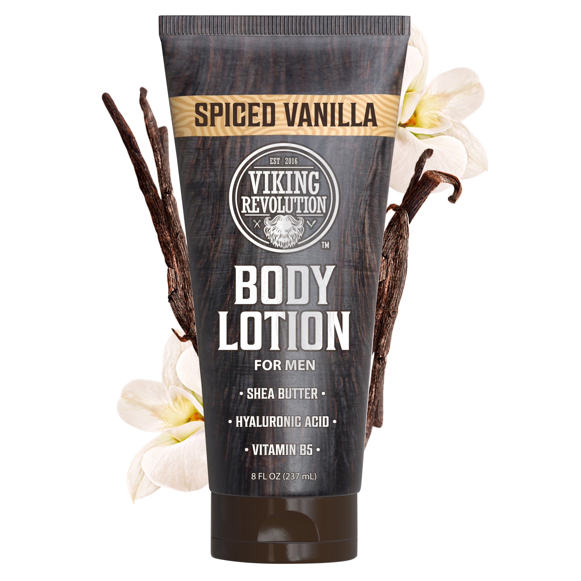 Tube of Body Lotion For Men - Spiced Vanilla with vanilla flowers and pods in the background.