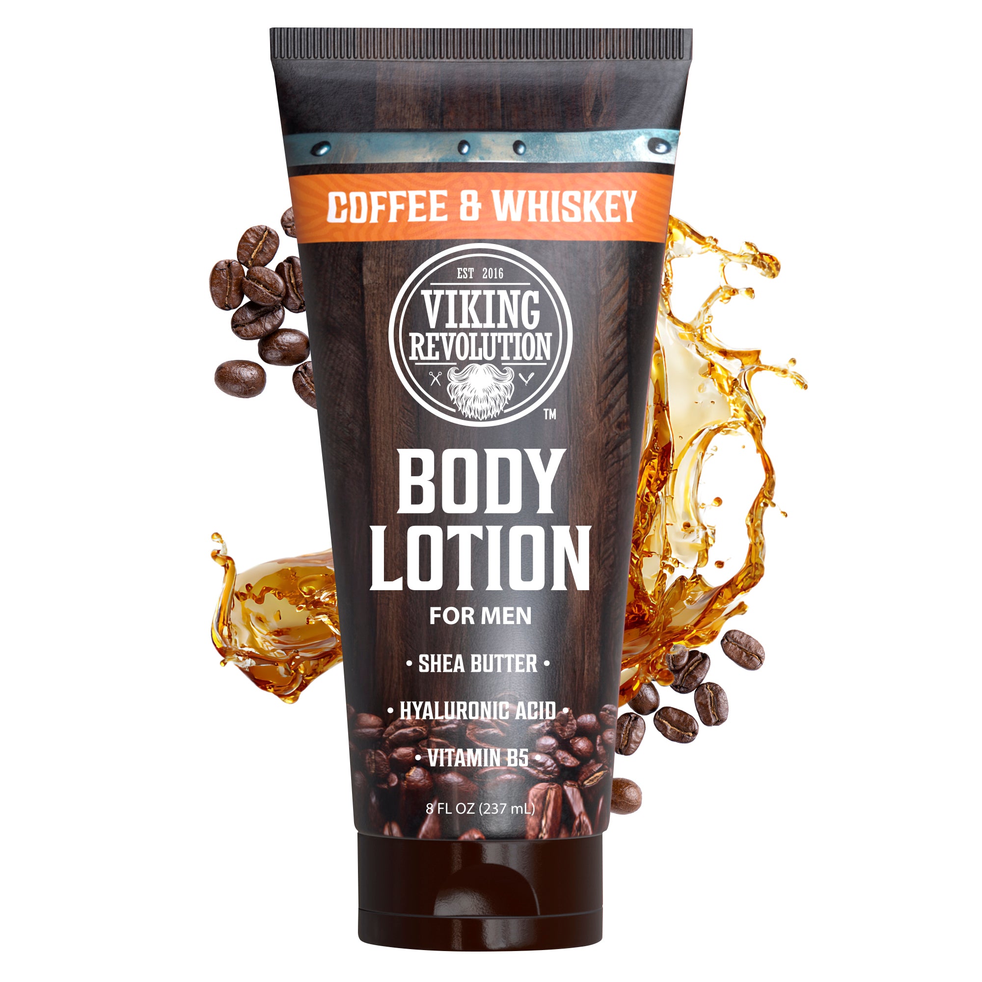 Body Lotion For Men - Coffee & Whiskey with coffee beans and whiskey splash background.