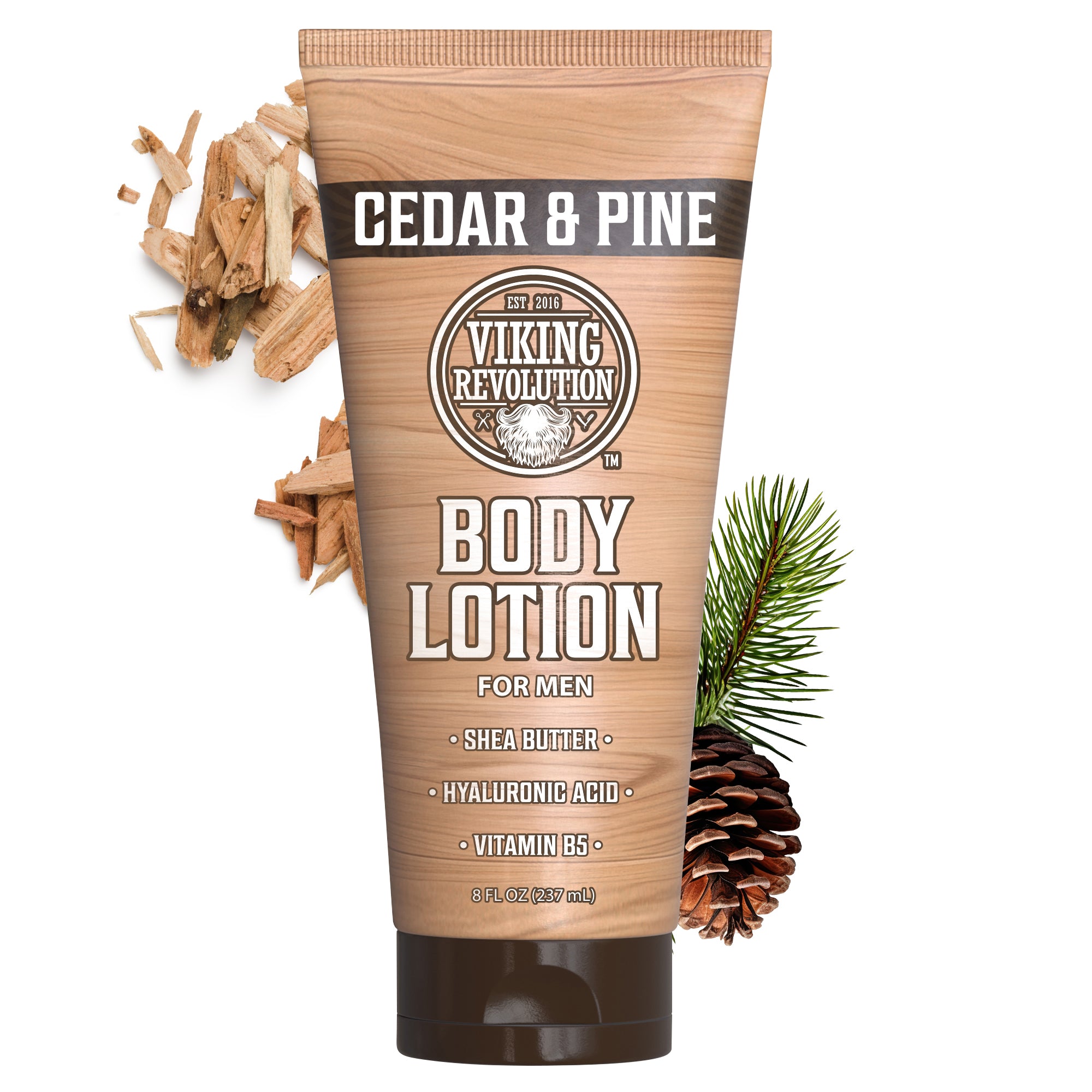 Tube of Body Lotion for Men - Cedar and Pine with pine needles, wood shavings, and a pine cone.