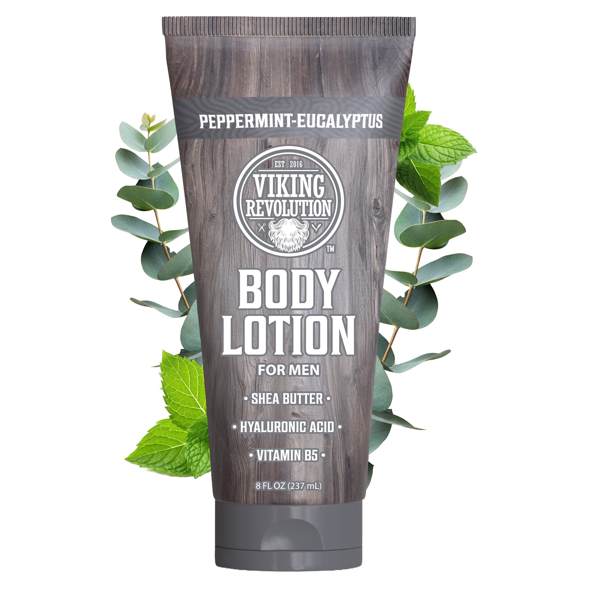 Body Lotion For Men - Peppermint Eucalyptus, in a tube with a wooden background design.