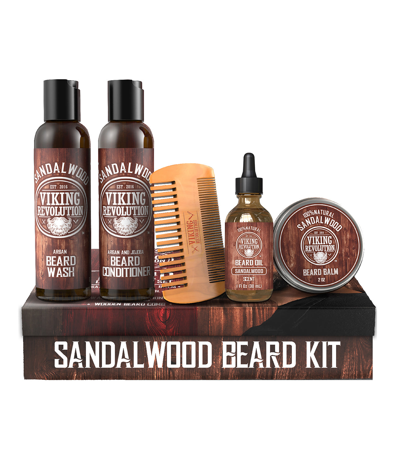 Beard Grooming Kit with wash, conditioner, sandalwood beard oil, and comb.
